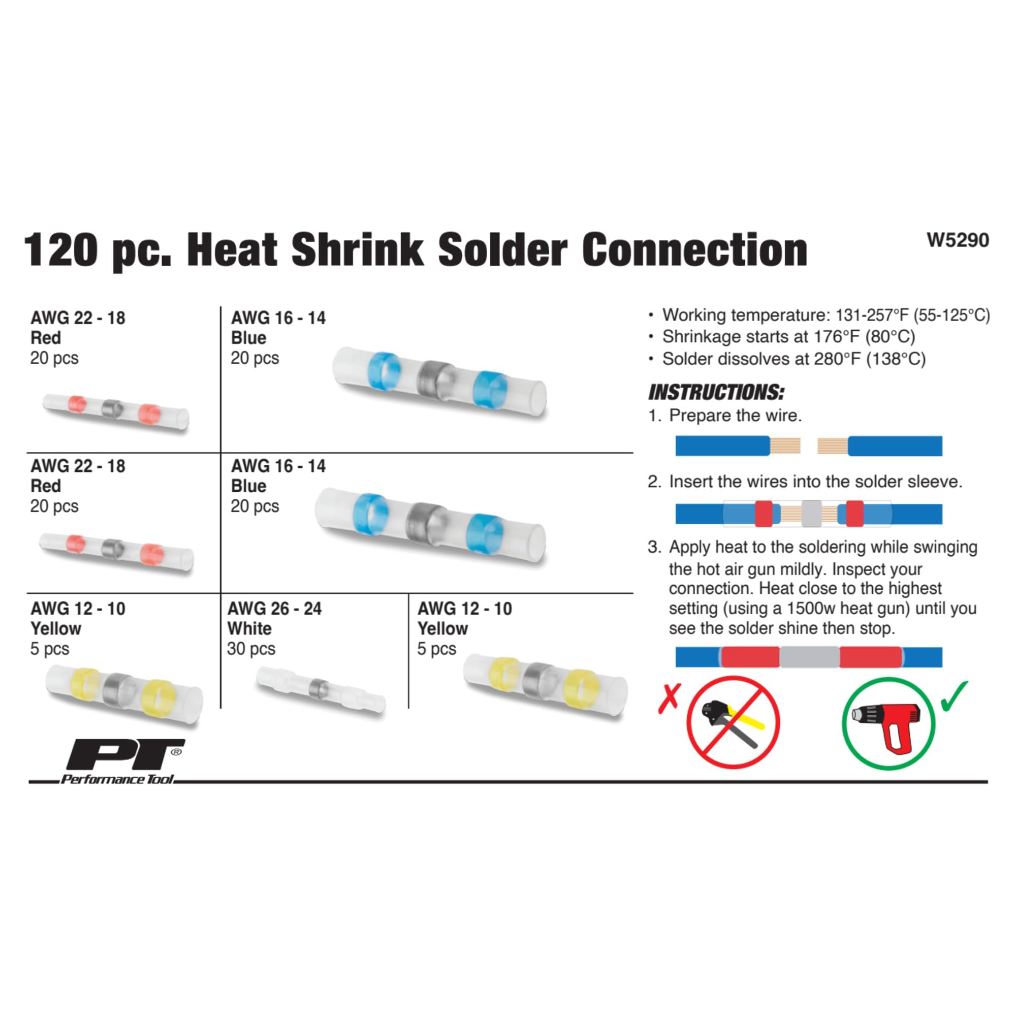 W5290 Performance Tool 120 Pc. Heat Shrink Solder Connectors - Hot Melt Adhesive, Water-Resistant, Strong Electrical Connections, White, Red, Blue, Yellow