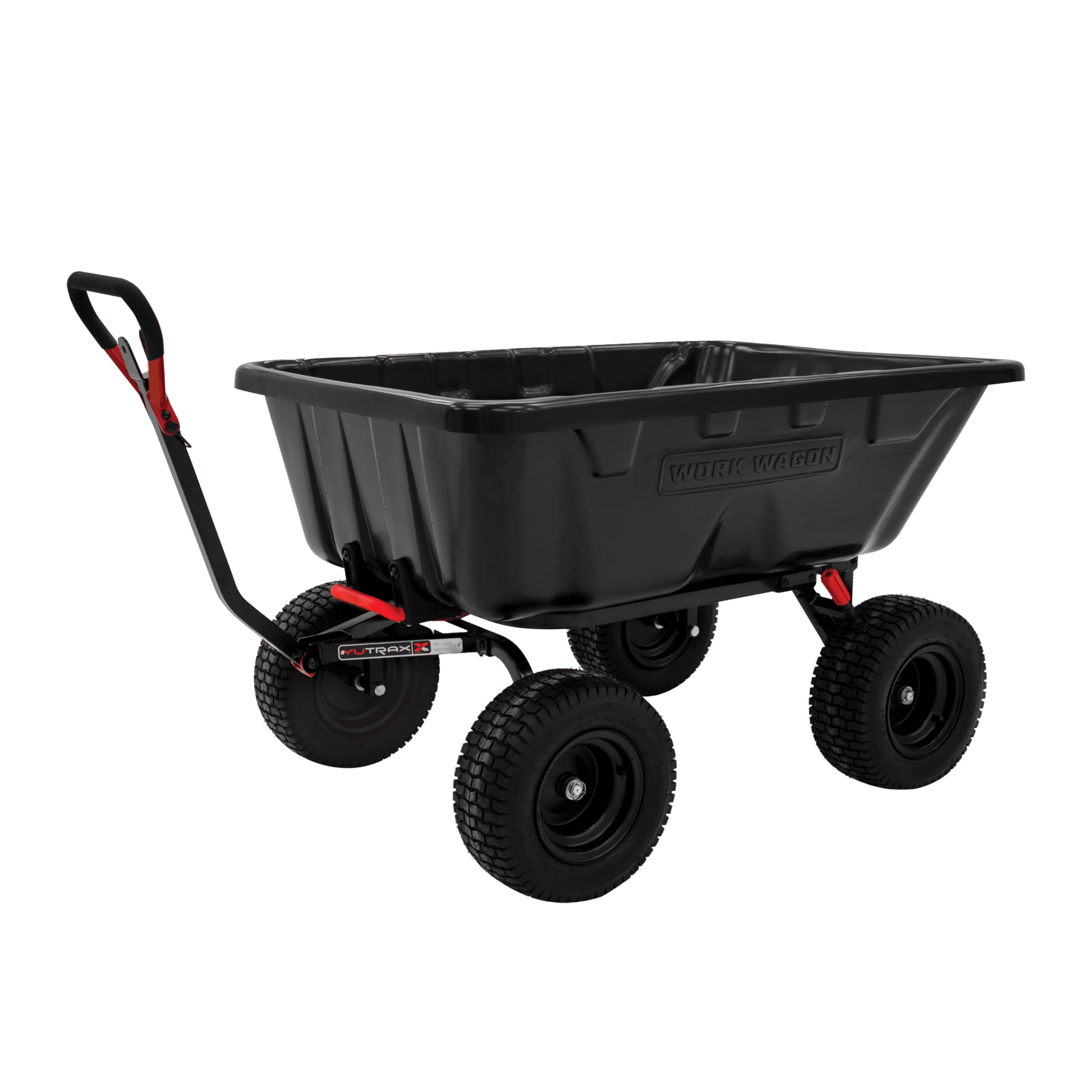 Work Wagon® YUTRAX® 16 cu. ft. Towable Poly Cart, 1800 Pound Capacity, Easy Dump Feature, Hybrid Handle, Simple to Assemble Steel Frame, 16" Extra-Wide Tires, WW16P