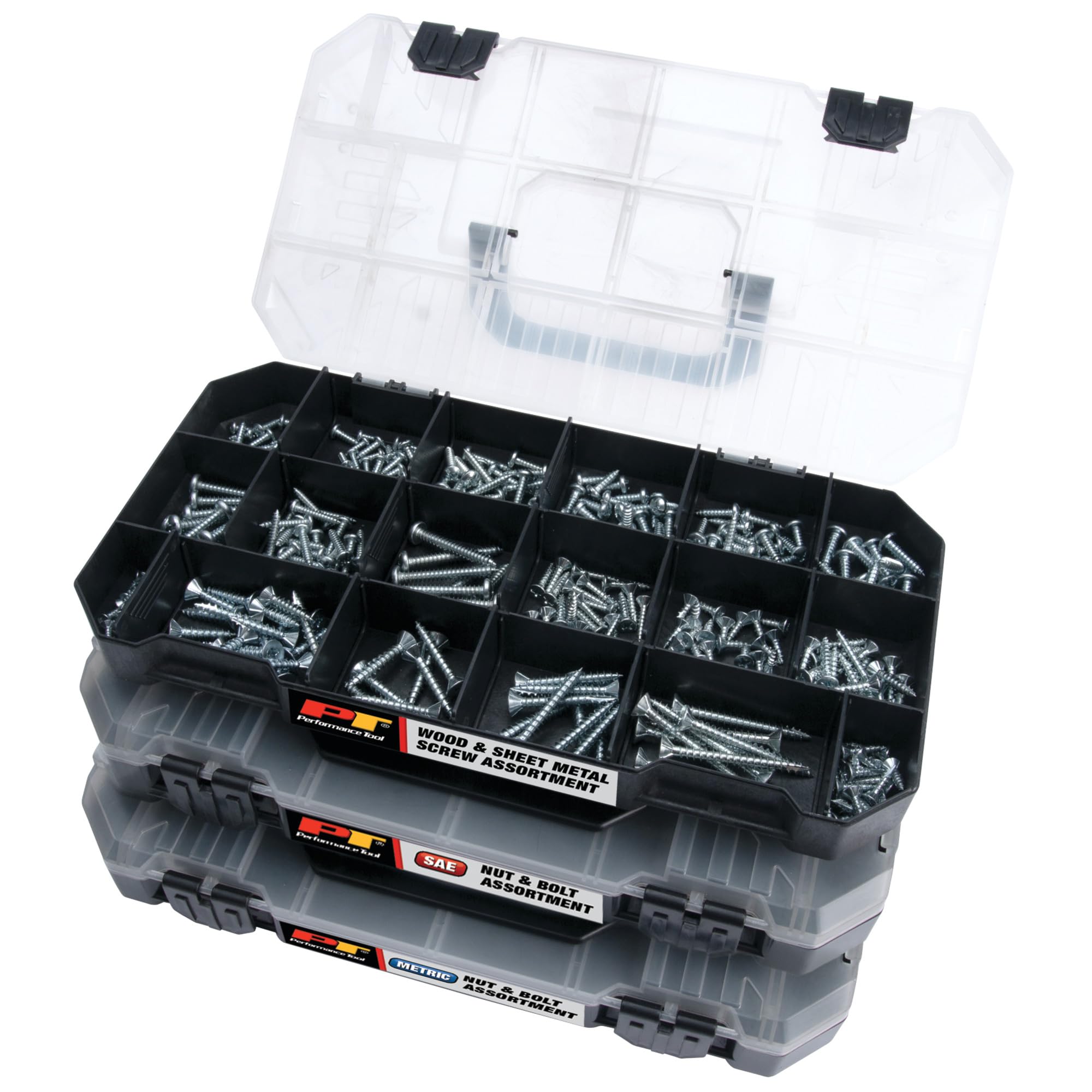 W5263 Performance Tool 1080pc Hardware Assortment Kit with SEA & Metric Nuts, Bolts & Washers, Stacking Interlocking Clear Lid Bins for Maximum Portability