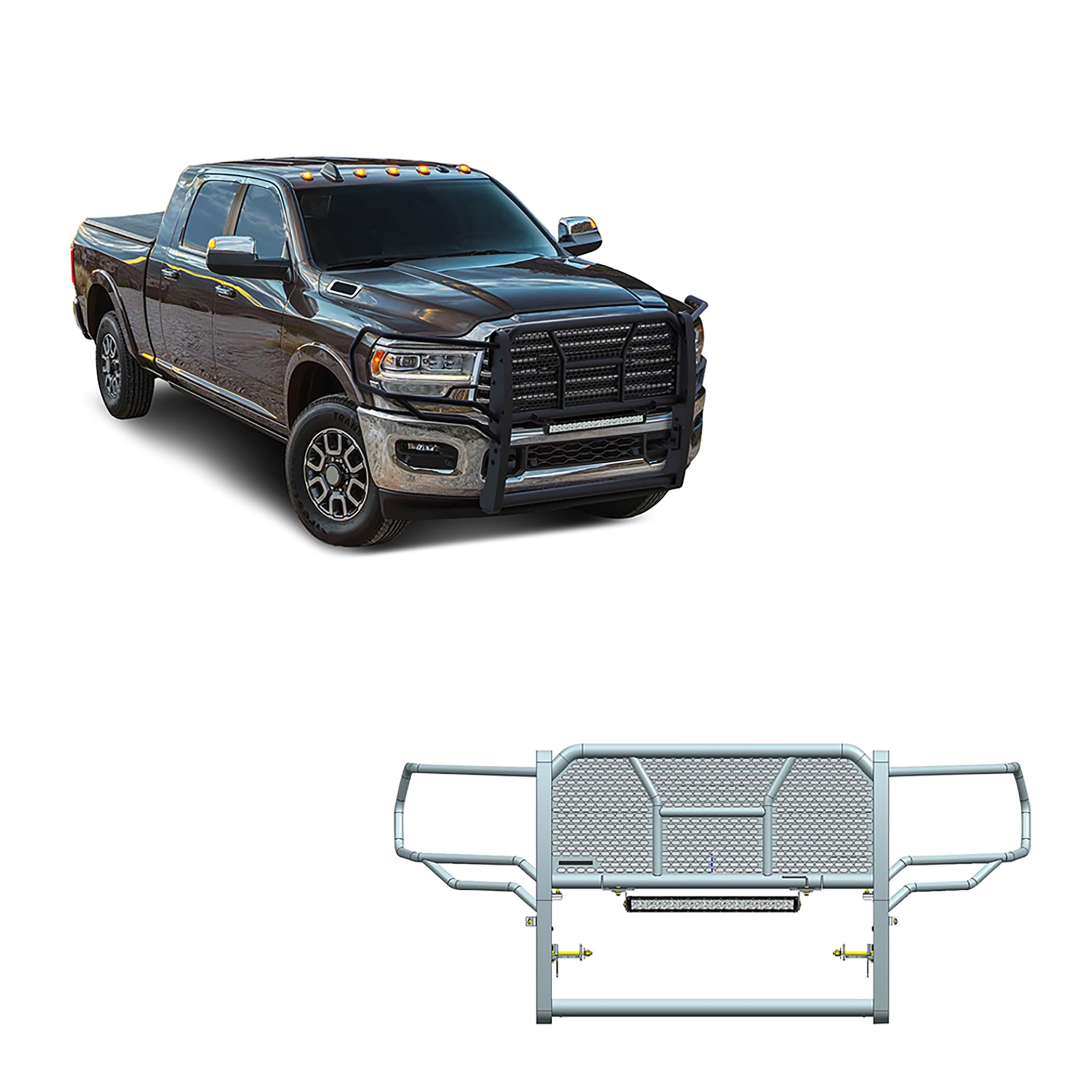 RUGGED Black Horse Heavy Duty Grille Brush Bumper Guard Modular Black Come with 20" Double Row LED Light Compatible with 2019-2024 Ram 2500|2019-2024 Ram 3500-RU-DORA20-B-LED