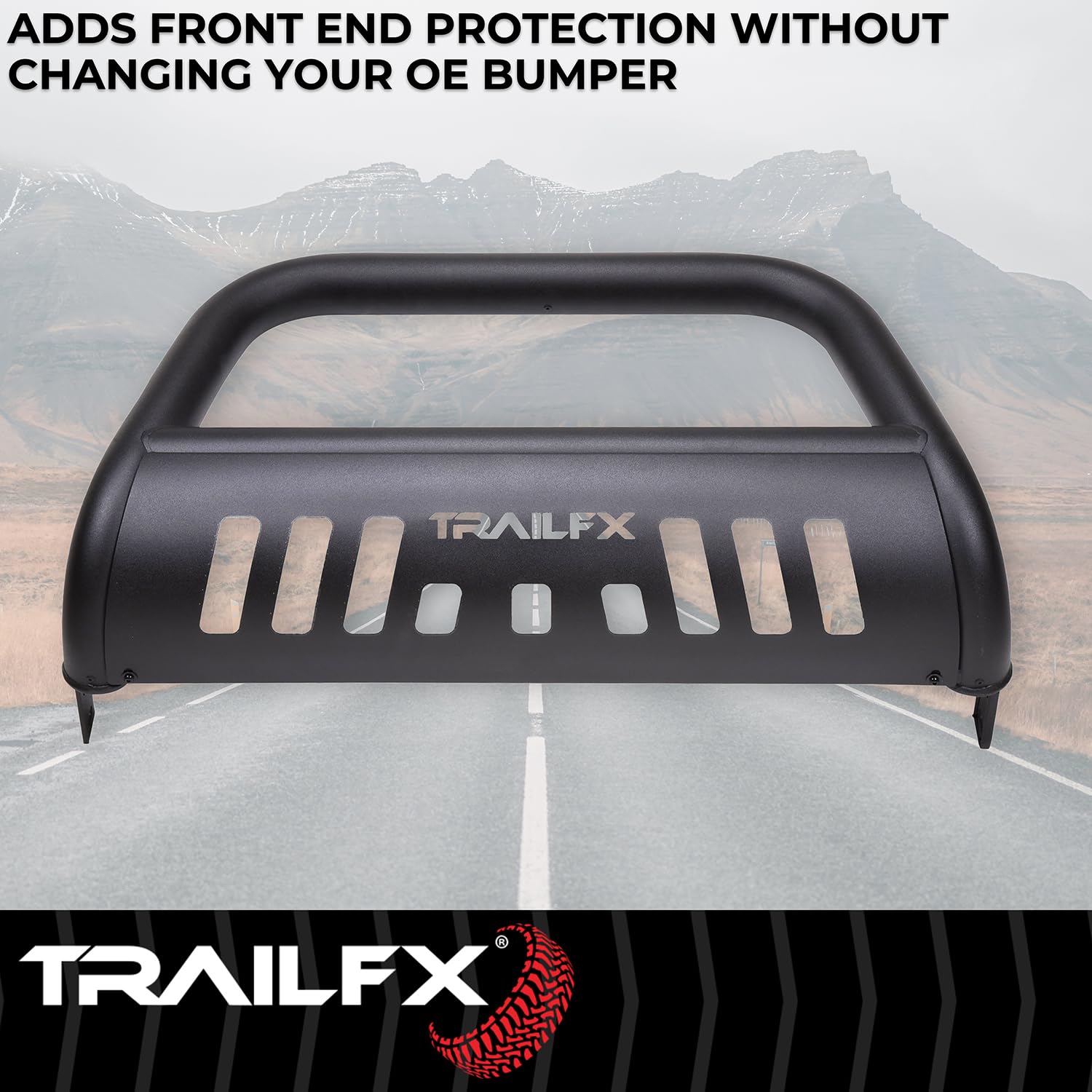 Bull Bar Trailfx B0046T, 3 Inch Diameter, Powder Coated, Titanium Black, with Skid Plate/Holes for Optional Lighting, 6-1/2 Inch Max Light/ 20 Inch Max Light Bar, Fits 2024-2025 Toyota Land Cruiser