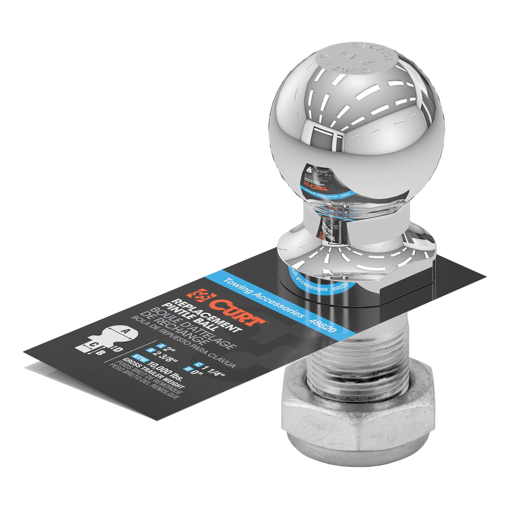 CURT Replacement 2-Inch Pintle Hitch Ball 48820, 10,000 lbs, 1-1/4-Inch Shank Diameter