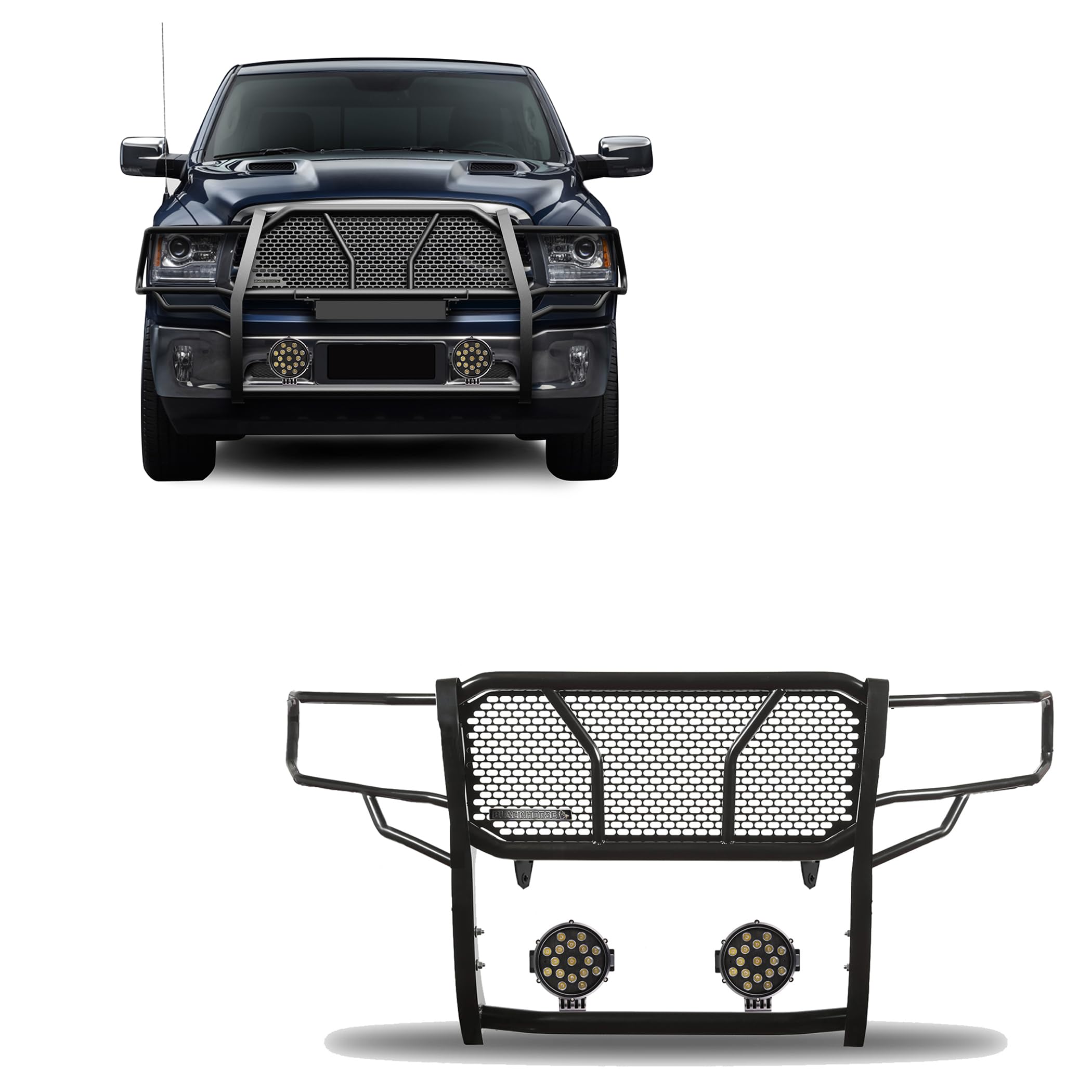 Heavy Duty Black Horse RUGGED Grille Brush Bumper Guard Modular Black Come With pair of 7.0"LED Light with Black Trim Ring Compatible with 2019-2024 Ram 1500 Classic|2009-2018 Ram 1500-RU-DORA09-B-PLB