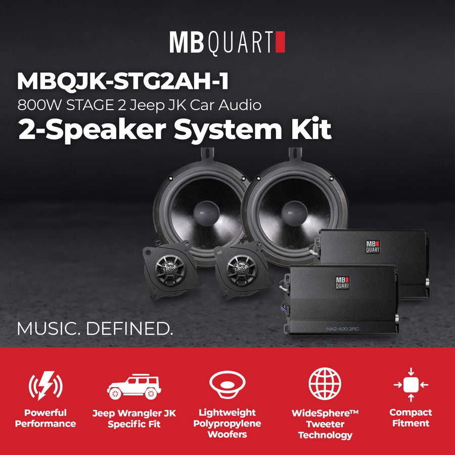 MB Quart 800W MBQJK-STG2AH-1 STAGE 2 Jeep JK Car Audio Upgrade Kit with Amplifier, 2-Speaker Set, Titanium Tweeters, For Aftermarket Source Unit