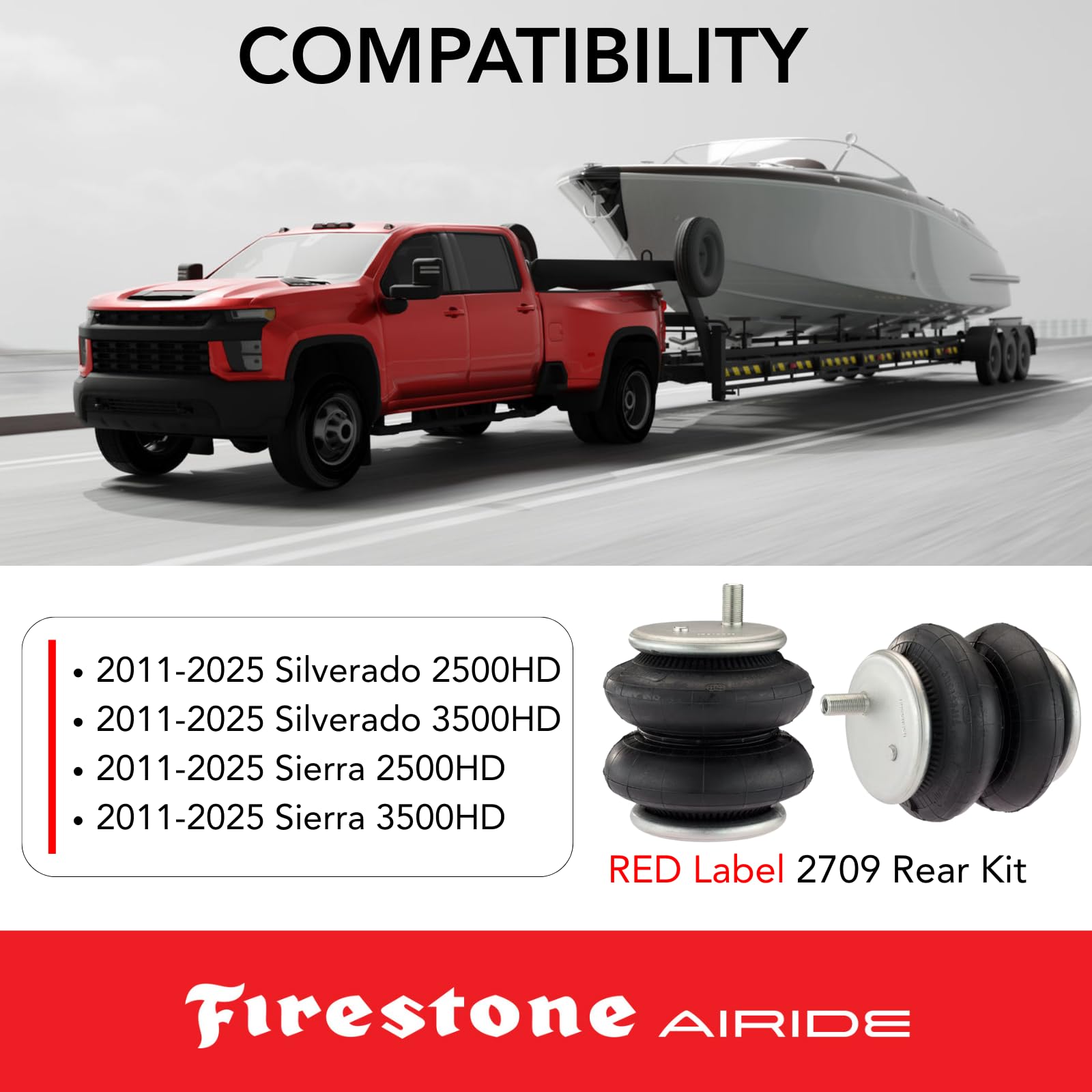 Firestone 2709 Airide Red Label Rear Springs Kit fits 2011-2025 Silverado Sierra 2500HD 3500HD | Load Capacity of 7,500 Pounds | 5-150 PSI | Easy Installation | No Drill Design
