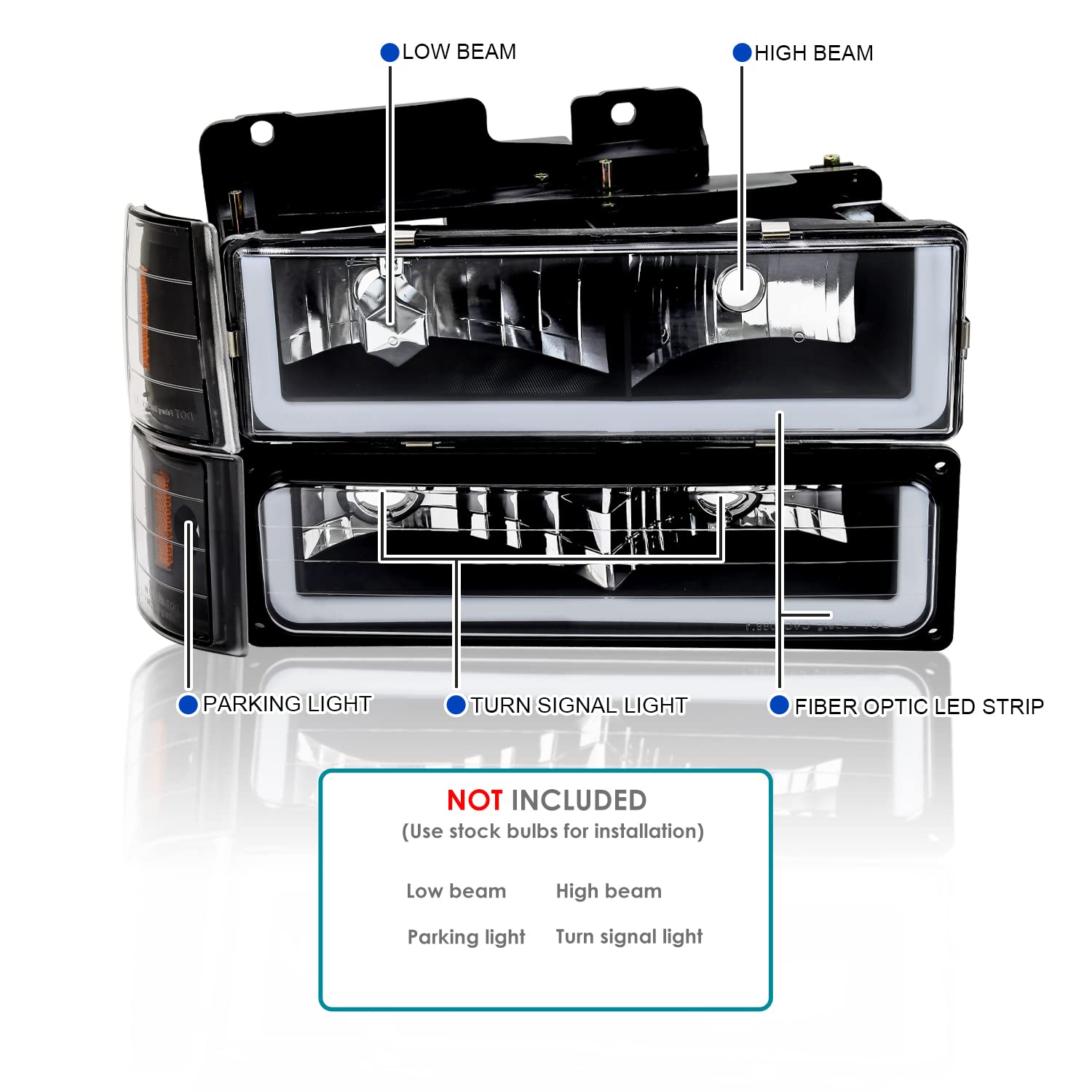 Black LED Bar Headlights + Bumper Lamps + Corner Lights SPEC-D TUNING Compatible with 1994-1998 GMC C10 C/K 1500 Suburban Yukon, Left + Right Pair Headlamps Assembly
