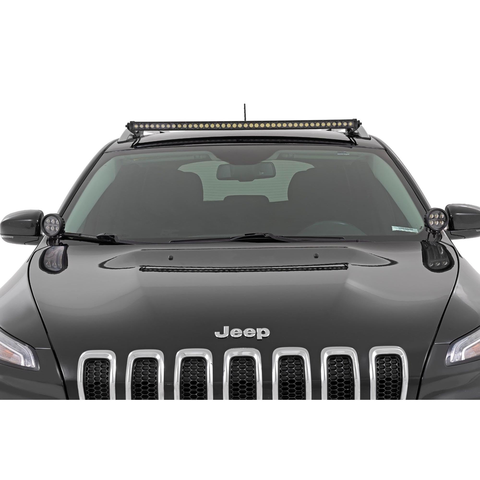 Rough Country Ditch Light Kit LED for Jeep Cherokee KL (2014-2021) - Hood Mount, 80W Dual 2" Spectrum Series Lights, 9600 Lumens, Wide Flood Beam