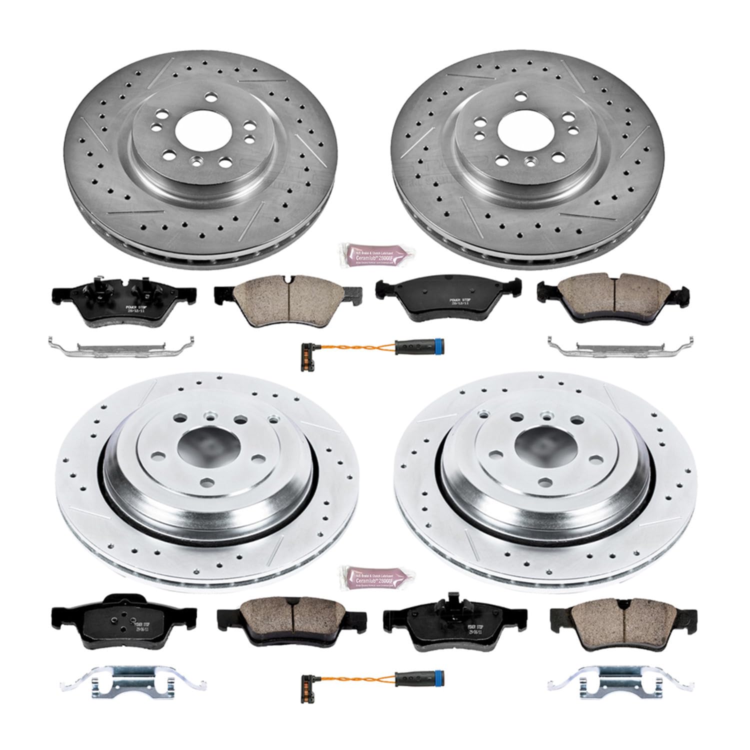 Power Stop K6711 Z23 Carbon Fiber Brake Pads Front and Rear with Drilled & Slotted Brake Rotors Kit and 1 Front & 1 Rear Sensor Wires For Mercedes R320, Mercedes R350, Mercedes R500 [Model Specific]