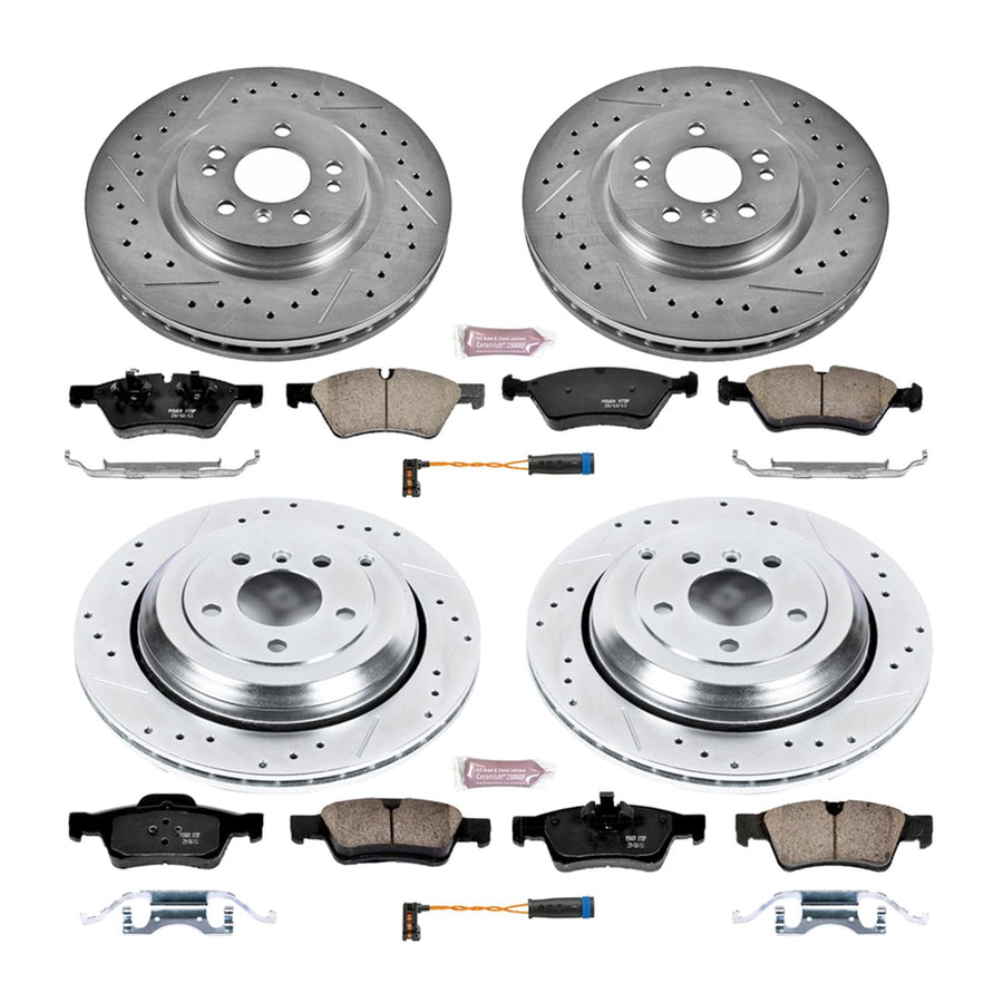 Power Stop K6711 Z23 Carbon Fiber Brake Pads Front and Rear with Drilled & Slotted Brake Rotors Kit and 1 Front & 1 Rear Sensor Wires For Mercedes R320, Mercedes R350, Mercedes R500 [Model Specific]