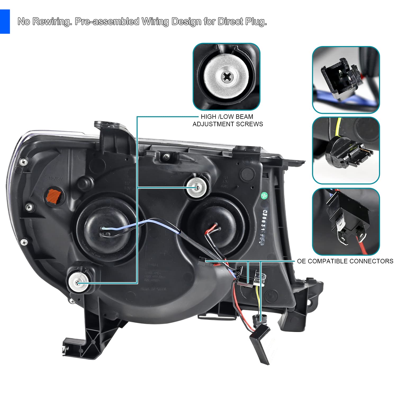LED Tube Projector Headlights SPEC-D TUNING with Sequential Switchback Signal Compatible with 2005-2011 Toyota Tacoma, Left + Right Pair Headlamps Assembly
