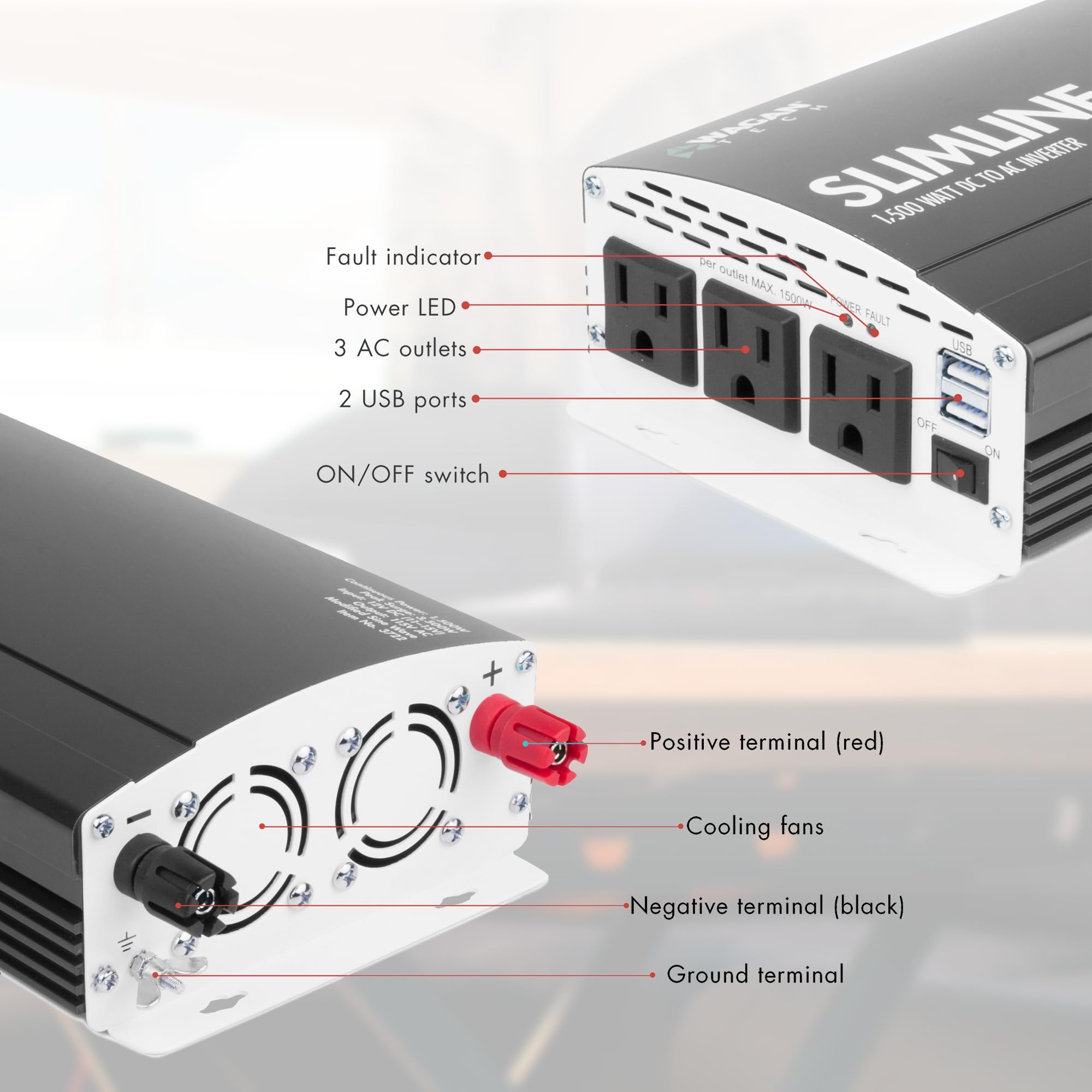 Wagan EL3722 Slim Line 1500W AC to DC Power Inverter 1500W TrueRated Continuous 3000W Surge Power DC 12V to AC 110V with 2 AC Outlets and 2A USB Charging Port