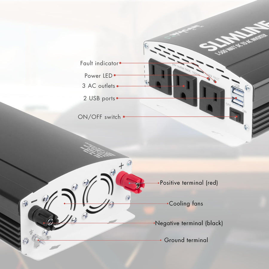 Wagan EL3722 Slim Line 1500W AC to DC Power Inverter 1500W TrueRated Continuous 3000W Surge Power DC 12V to AC 110V with 2 AC Outlets and 2A USB Charging Port