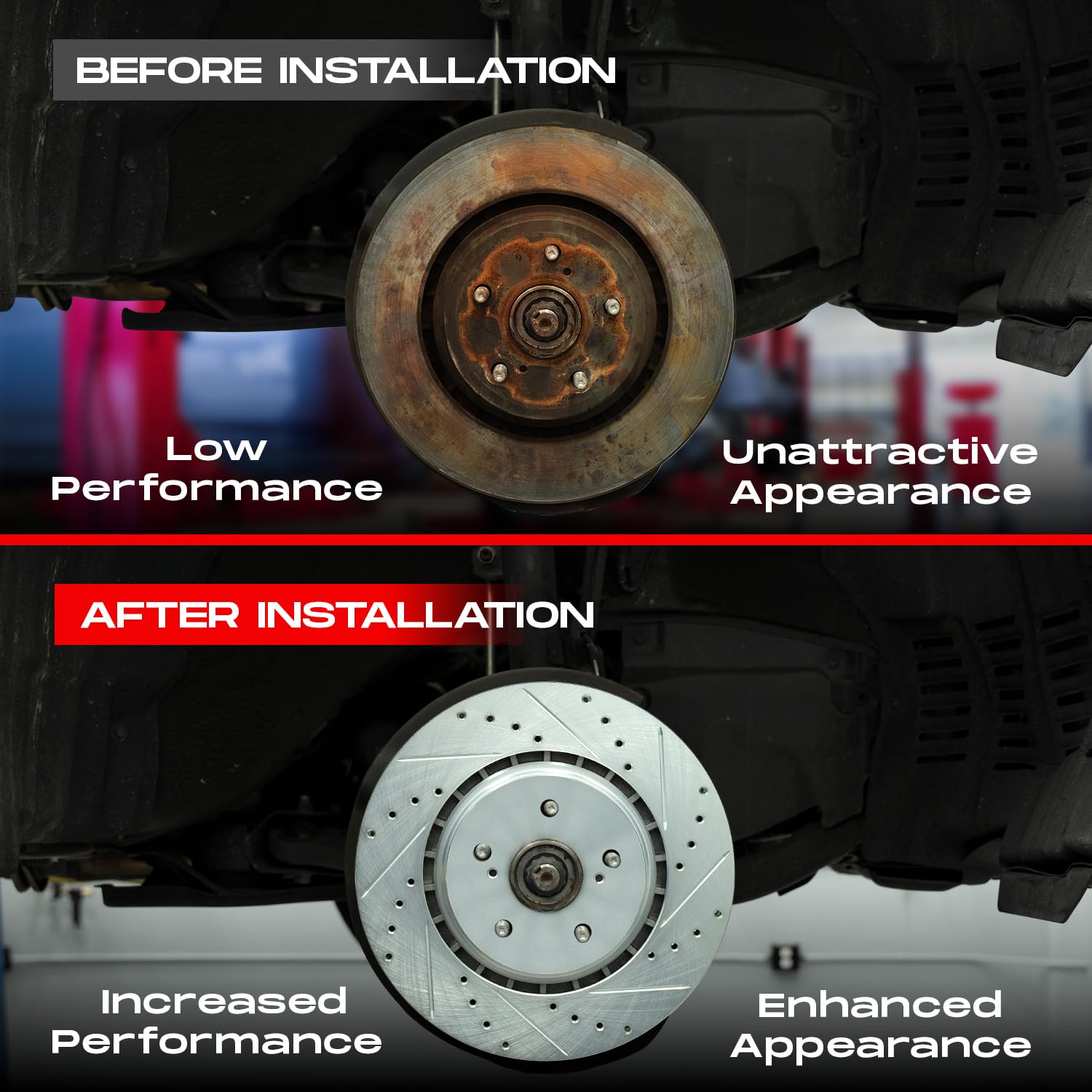 Brake Kit R1 Concepts Front and Rear For 1991-1995 Chrysler LeBaron, Dodge Spirit, Plymouth Acclaim| Drilled Slotted Brake Rotors| Ceramic Brake Pads and Rotors Kit|Hardware included