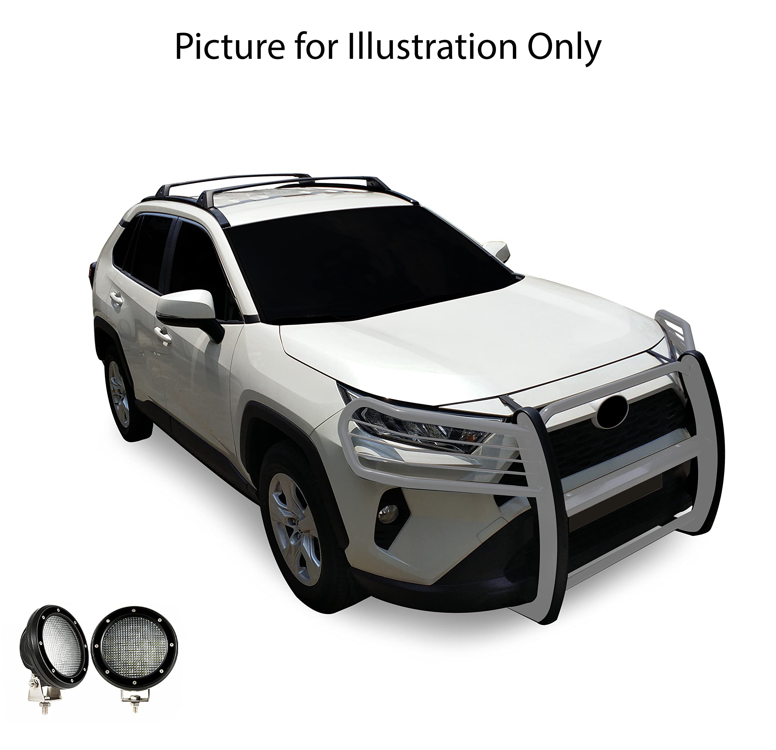 Bumper Guard Black Horse Grille Brush Modular Stainless Steel Come with Pair of 5.3" Dia.LED Lights with Black Trim Rings Compatible with 2019-2024 Toyota RAV4-17A093904MSS-PLFB
