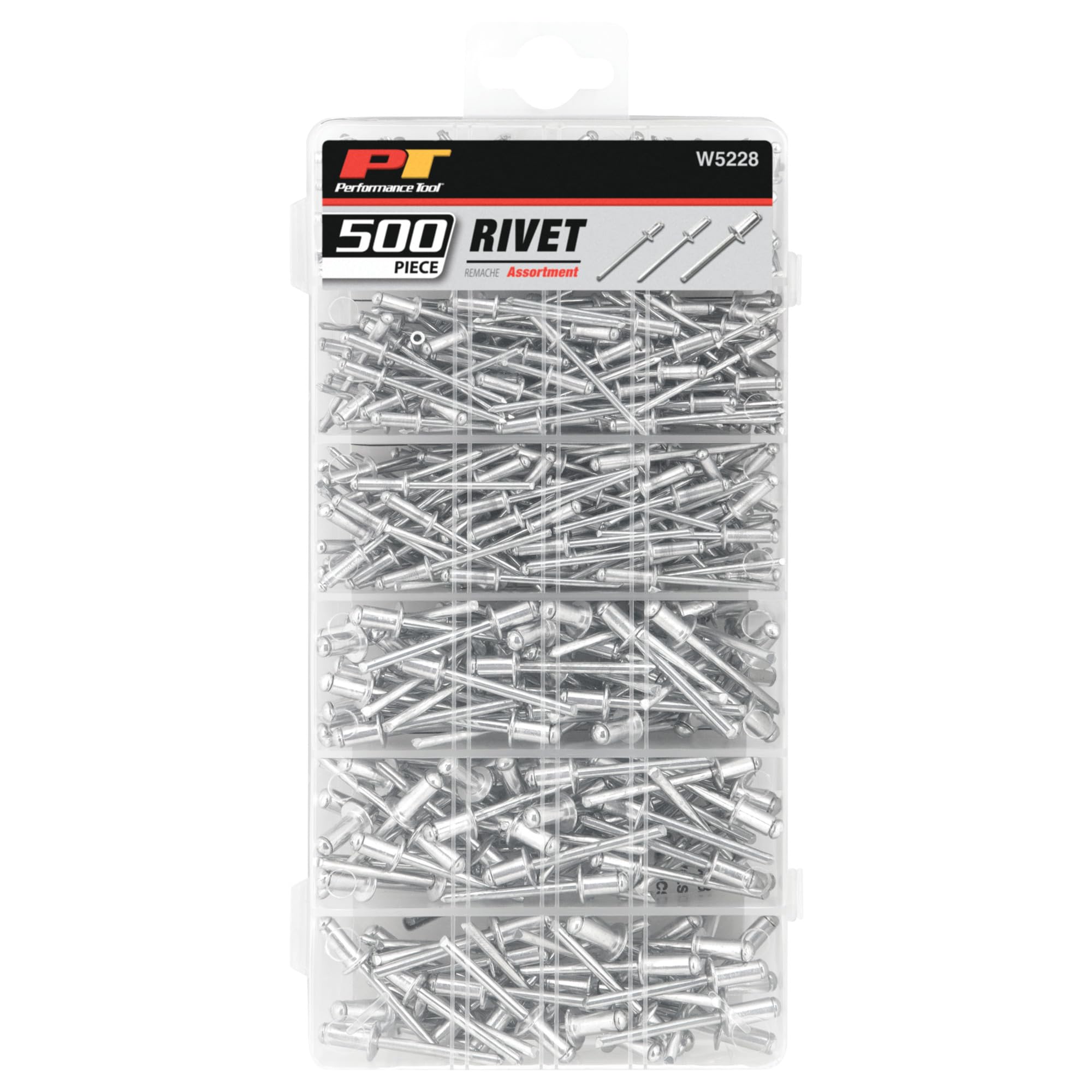 W5228 Performance Tool Aluminum Rivet Assortment Tool Set in a Re-Sealable Plastic Case, (500-Piece)