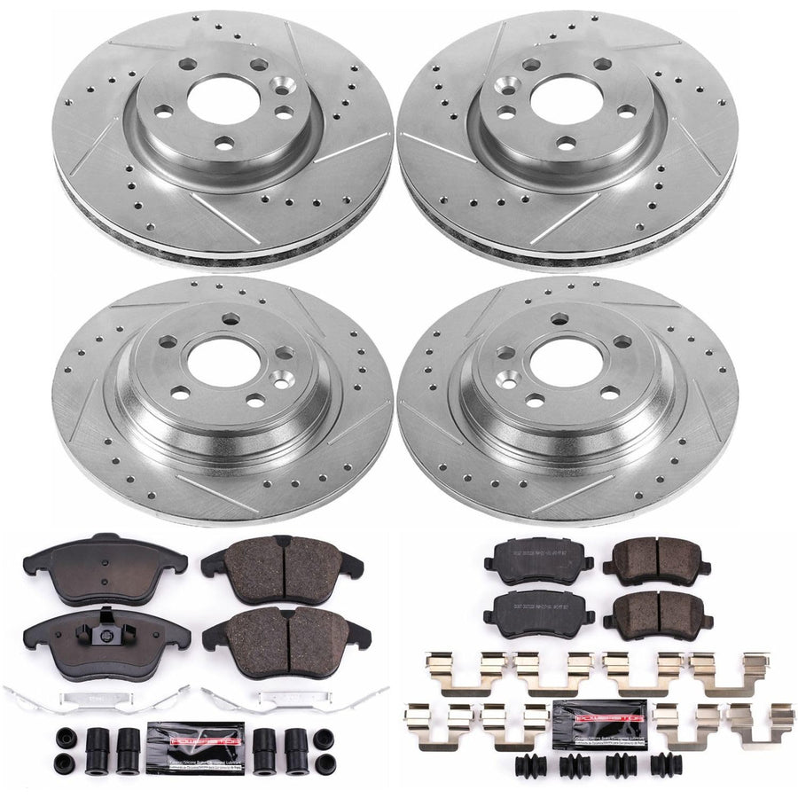Power Stop K7636 Z23 Carbon Fiber Brake Pads Front and Rear with Drilled & Slotted Brake Rotors Kit For Volvo S60, Volvo S80, Volvo V60, Volvo XC70 [Model Specific]
