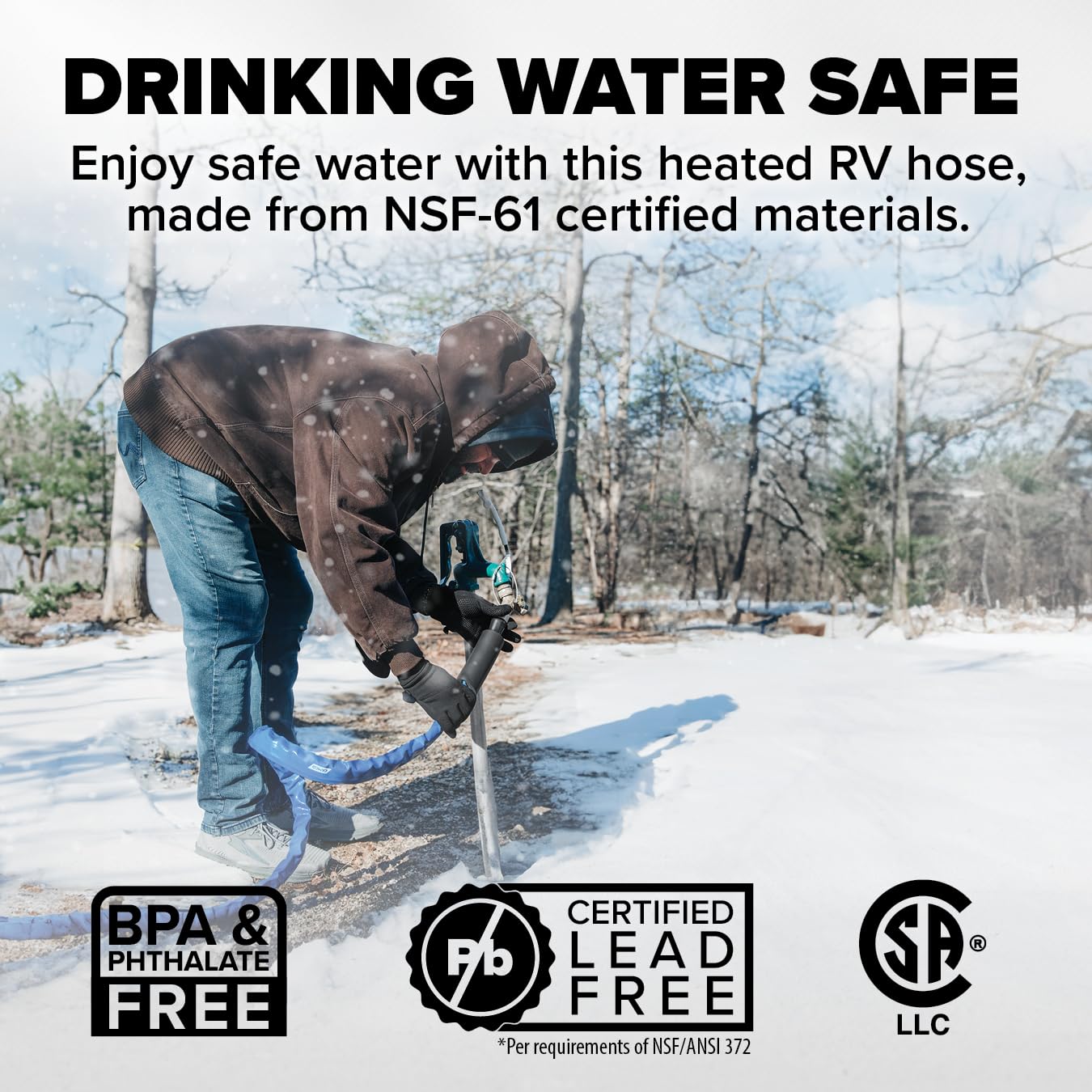25-Ft Camco Heated Water Hose for RV - Water Line Freeze Protection Down to -20°F/-28°C - Features Energy-Saving Thermostat & Includes Adapter for Connection to Either End of Hose (22911)