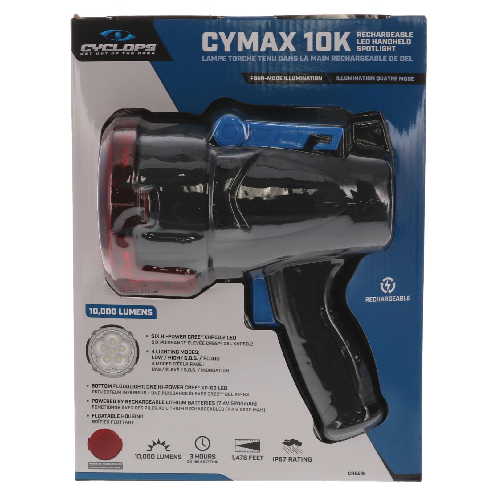 CYMAX Cyclops 10000 Lumens IPX67 Waterproof 4 Lighting Modes Rechargeable LED Handheld Spotlight | Charger & Detachable Red Lens Included