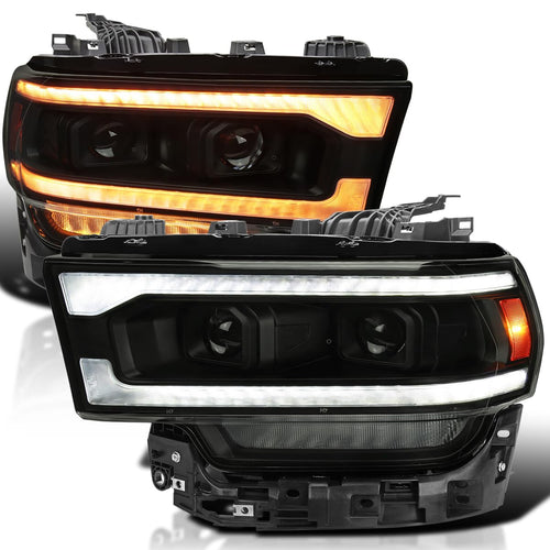 Dual Projector Headlights SPEC-D TUNING Black Smoke w/Sequential LED Turn Signal and Startup Animation Compatible with 2019-2024 Dodge Ram 2500, 3500, 4500, Left + Right Pair Headlamps Assembly