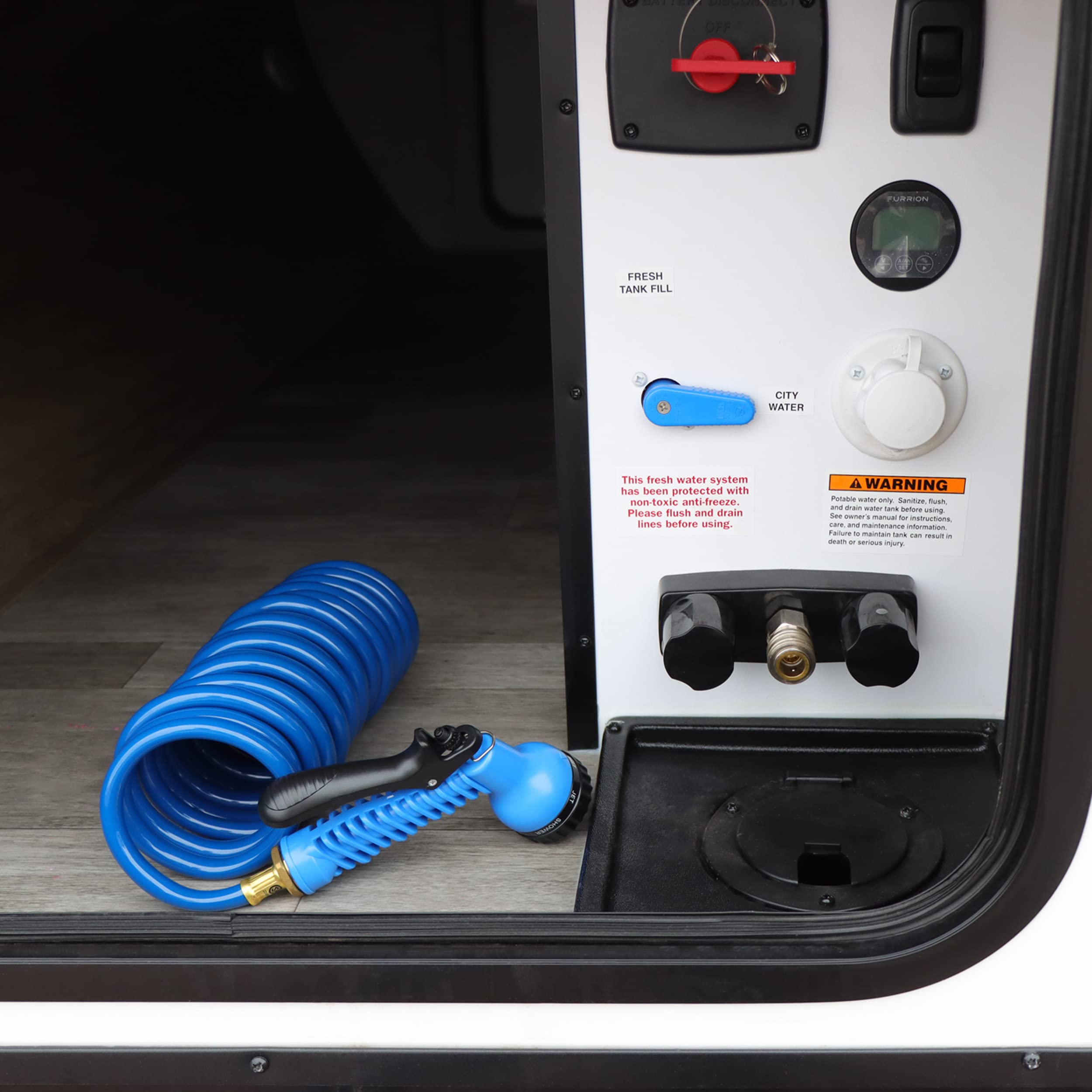 RV Potable Water Hose Set Empire Faucets - 15ft Blue Coil Hose and 7-Function Sprayer - Recoiling Spiral Water Hose