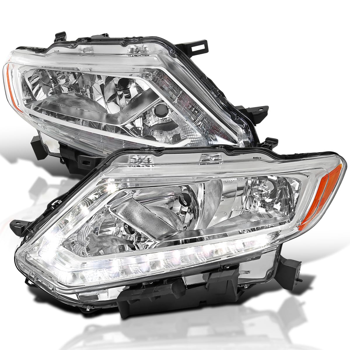 Chrome Headlights SPEC-D TUNING w/LED Strip Compatible with 2014-2016 Nissan Rogue, Left + Right Pair Headlamps Assembly