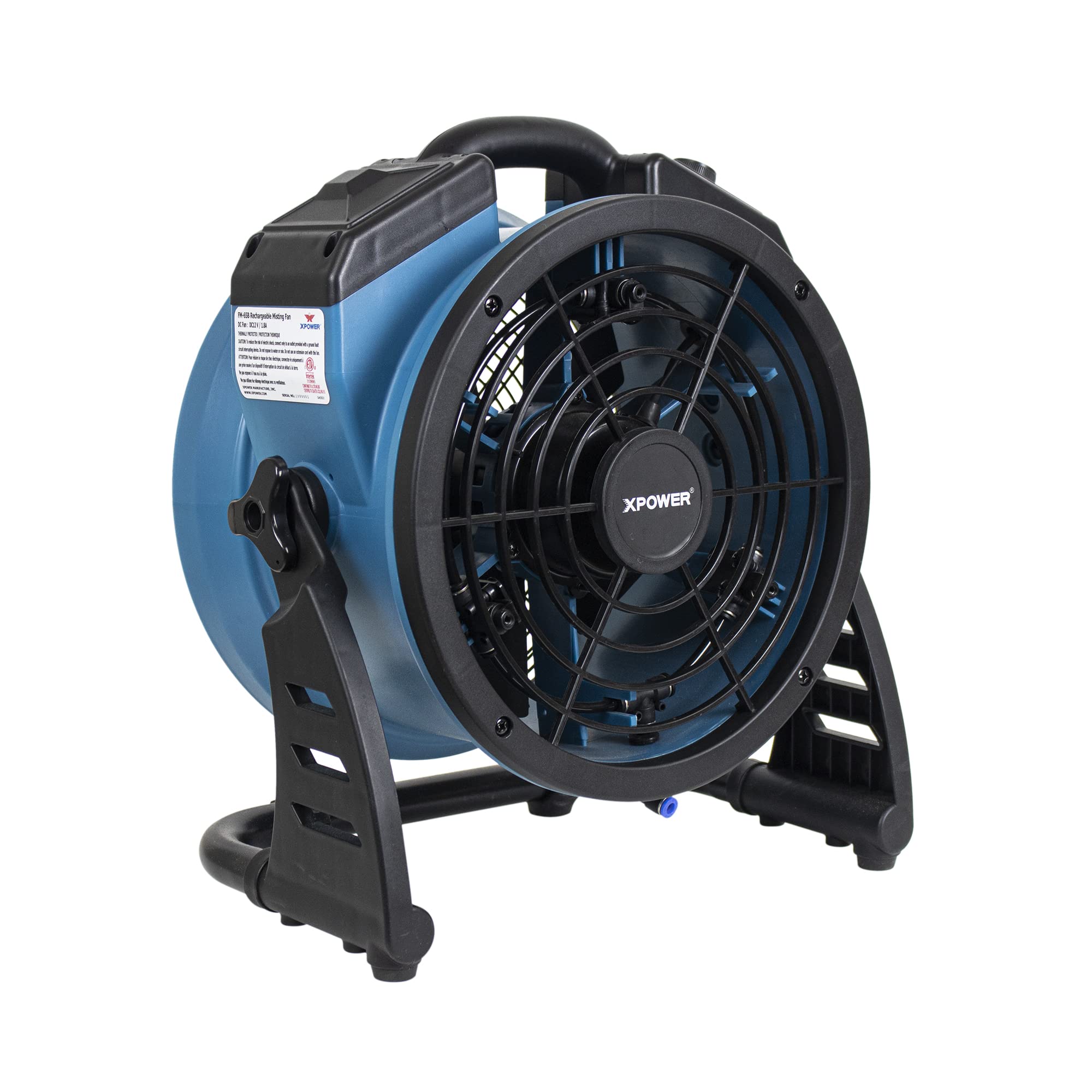 FM-65B XPOWER Misting Fan, Battery Operated, Rechargeable, Outdoor Cooling, Oscillating, High Velocity, Variable Speed, Camping, Patios, 14 In