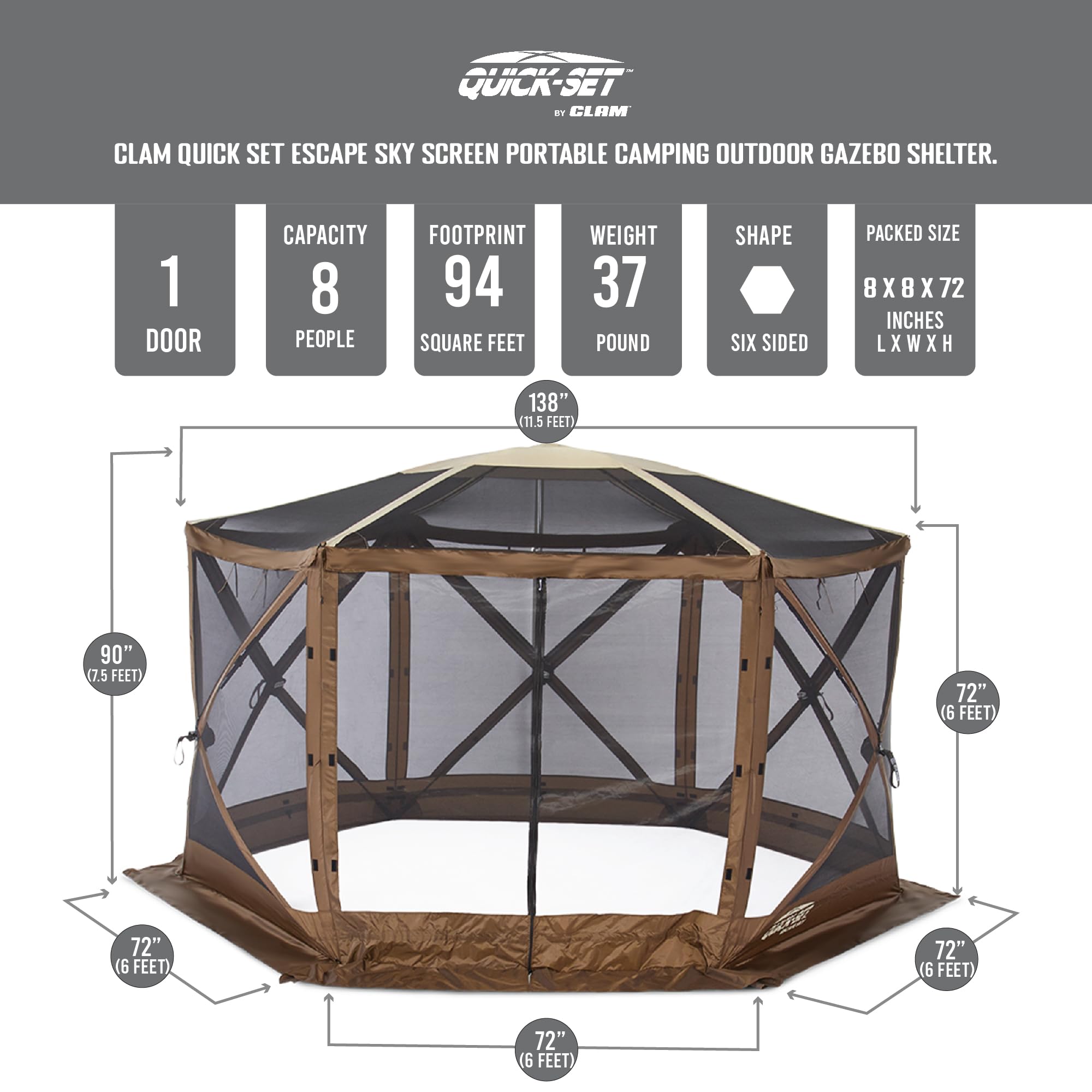 Clam Quick-Set Shelter Sky Screen – 8-Person Pop-Up Tent with Screened Roof for Airflow & Stargazing, 140" x 140", Brown, Instant Setup, Oversized Carry Bag – Camping, Tailgating, Outdoor Use