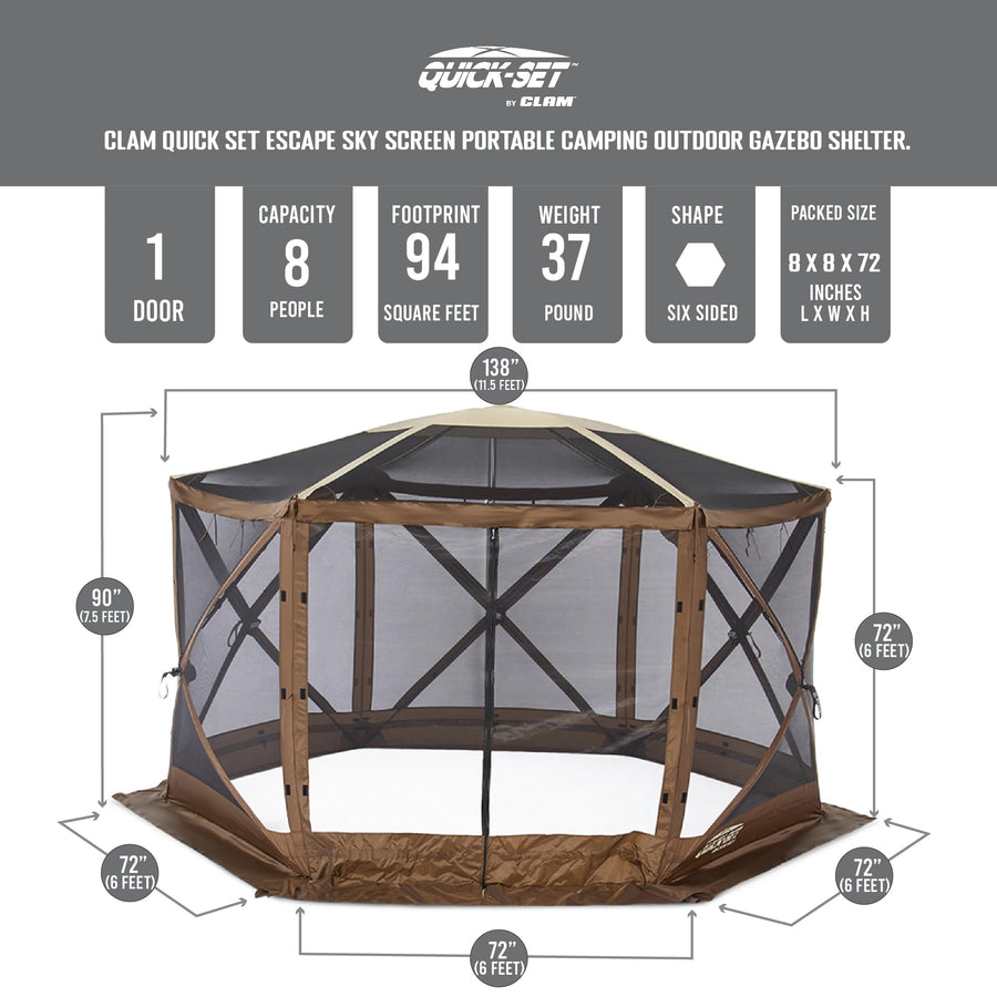 Clam Quick-Set Shelter Sky Screen – 8-Person Pop-Up Tent with Screened Roof for Airflow & Stargazing, 140" x 140", Brown, Instant Setup, Oversized Carry Bag – Camping, Tailgating, Outdoor Use