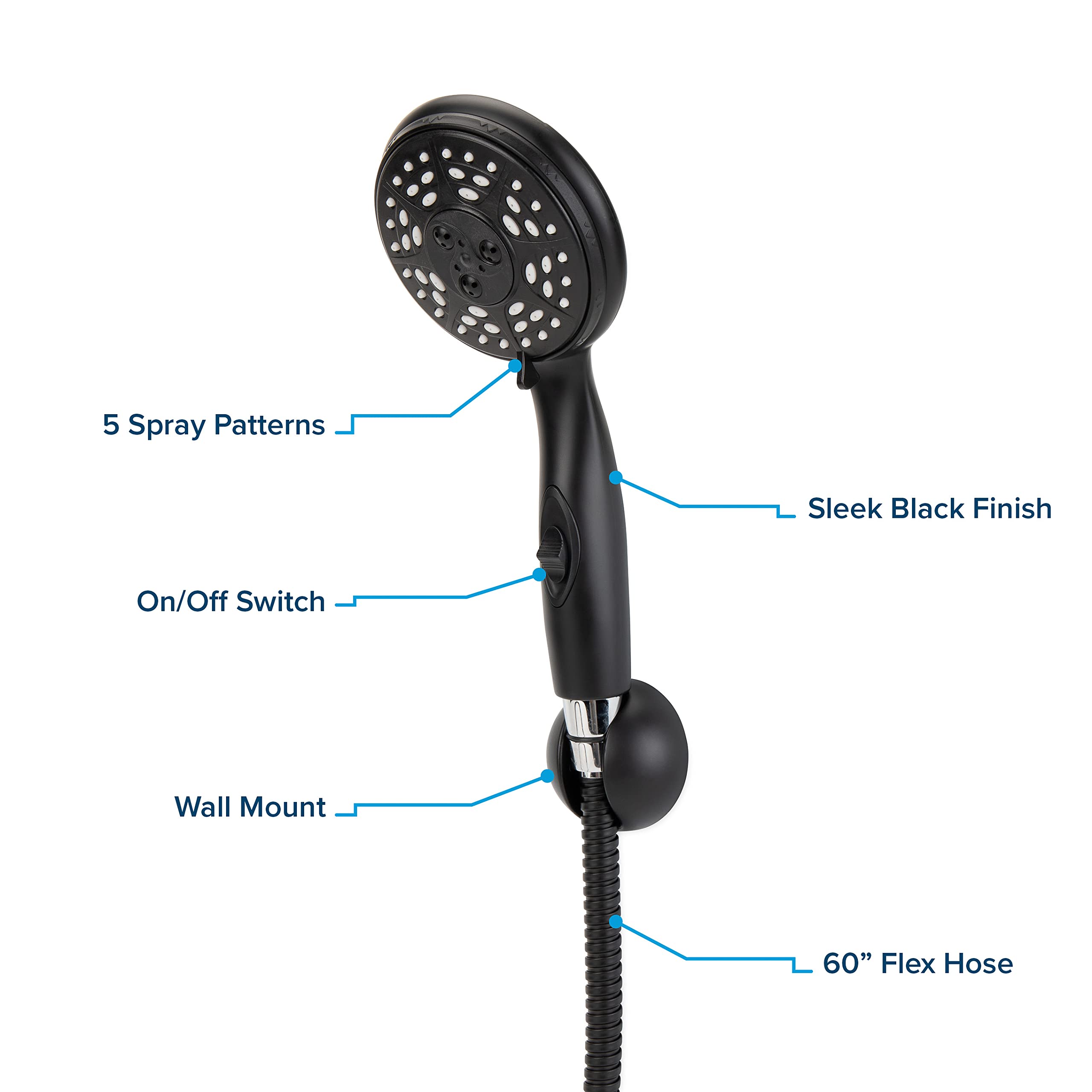 Complete Camco RV/Marine Shower Head Kit | Features Convenient On/Off Switch for Water Efficient Showers | 5 Spray Patterns | Black (43744)