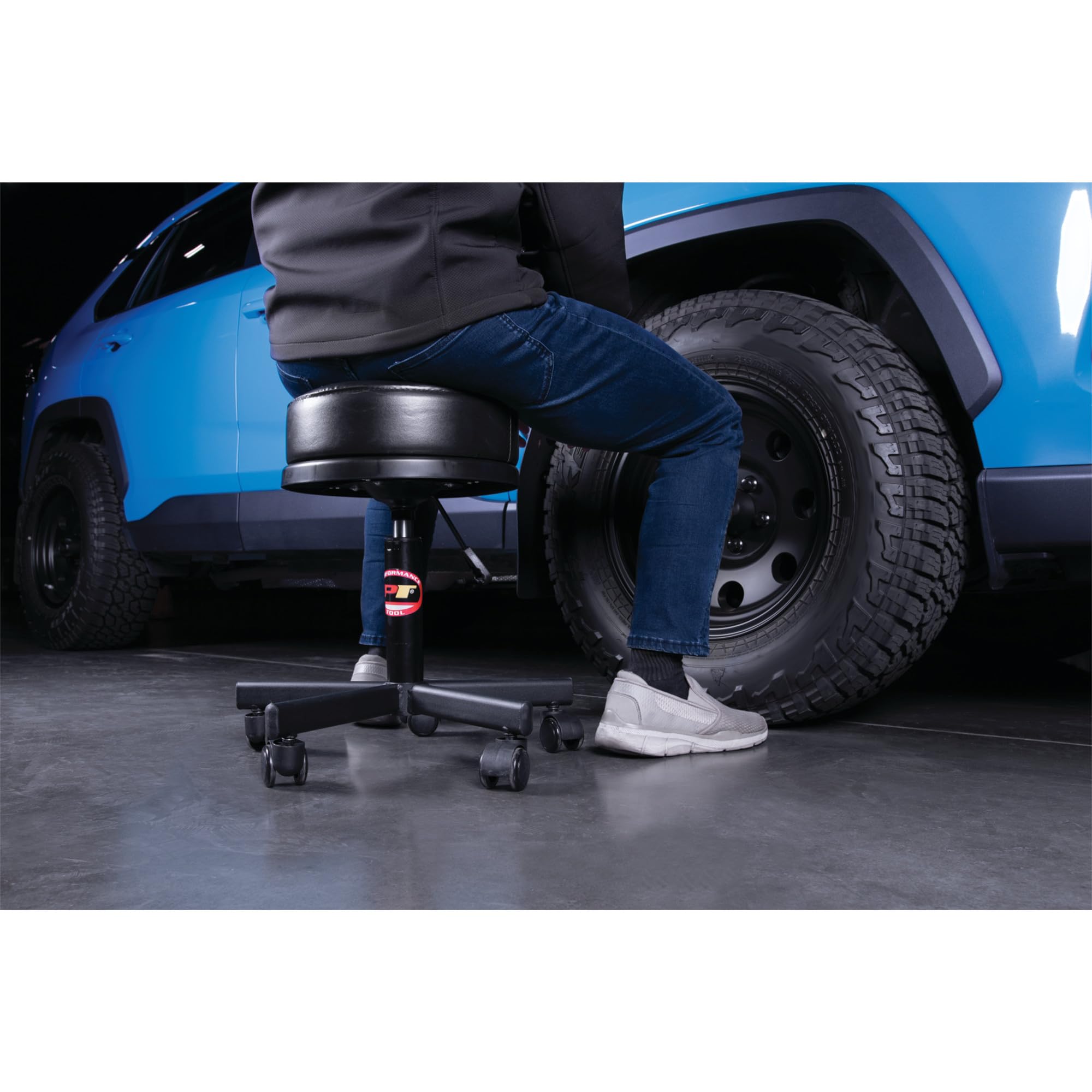 W85033 Performance Tool Extra-Thick Big Top Pneumatic Rolling Shop Stool for Mechanic Garages and Workshops, Black, 19x19x18.5-Inches