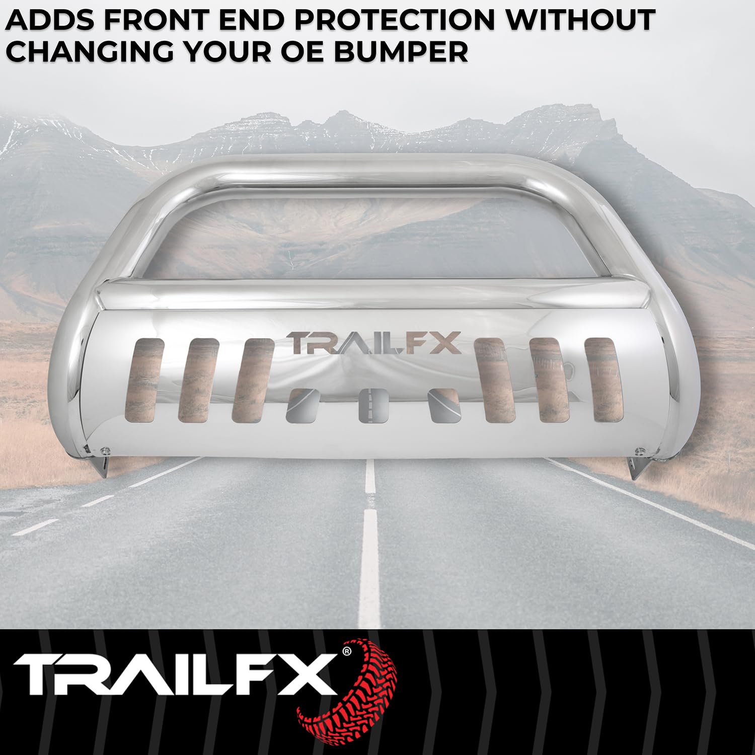 Bull Bar Trailfx B0046S, 3 Inch Diameter, Polished, Stainless Steel, with Skid Plate/Holes for Optional Lighting, 6-1/2 Inch Max Light/ 20 Inch Max Light Bar, Fits 2024-2025 Toyota Land Cruiser