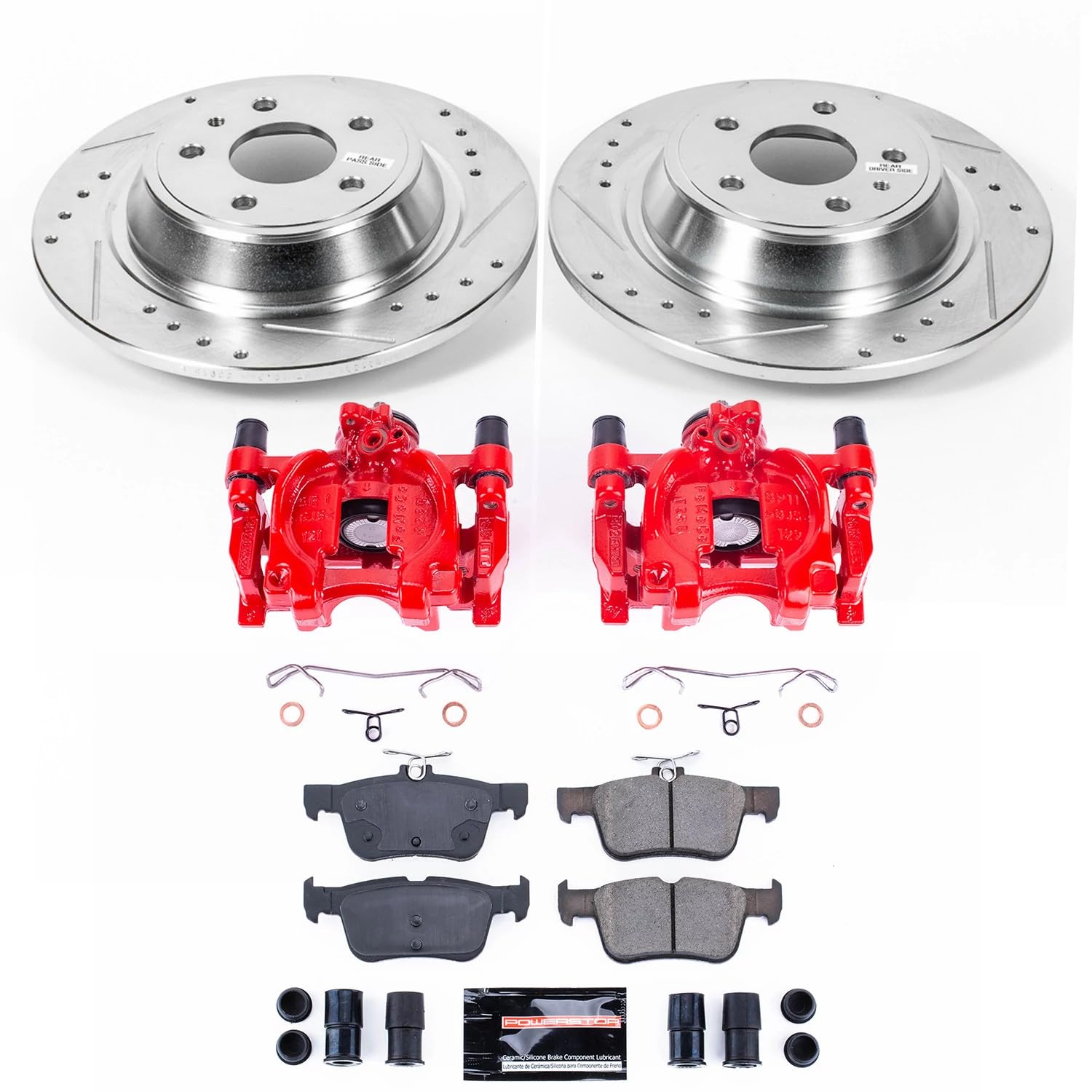 Power Stop Z23 Evolution KC6559A Rear Brake Kit-Drilled/Slotted Rotors, Carbon Ceramic Brake Pads & Calipers For Ford Fusion 2013-2016, Lincoln MKZ 2015-2016 [Model Specific]