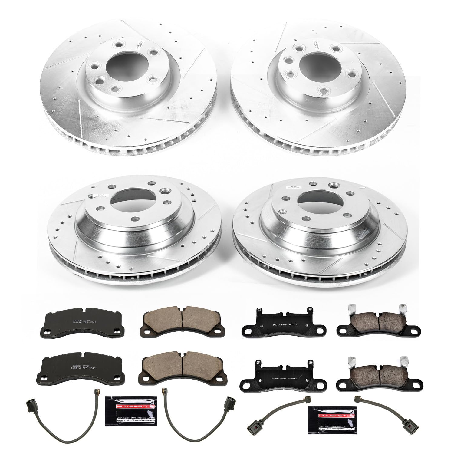 Power Stop K6650 Z23 Carbon Fiber Brake Pads Front and Rear with Drilled & Slotted Brake Rotors Kit and 2 Front & 2 Rear Sensor Wires For Porsche Cayenne, VW Touareg [Model Specific]