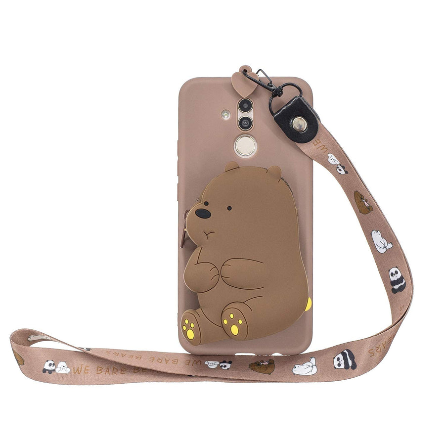 Gostyle CSF RADIATOR Wallet Case Compatible with Huawei Mate 20 Lite,Cute 3D Cartoon Animal Soft Silicone TPU Back Cover with Zipper Pocket and Neck Lanyard Strap Protective Cover,Brown Bear
