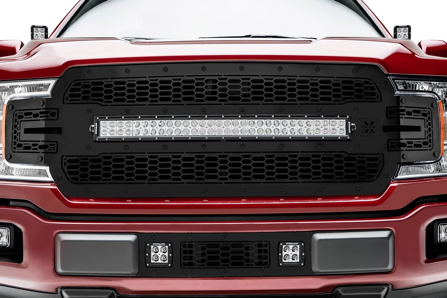 F-150 Limited, Lariat 2018-2020 Stealth Laser Torch Bumper Grille, Black, 1 Pc, Overlay, Black Studs with (2) 3 Inch LED Cube Lights - PN #7325711-BR