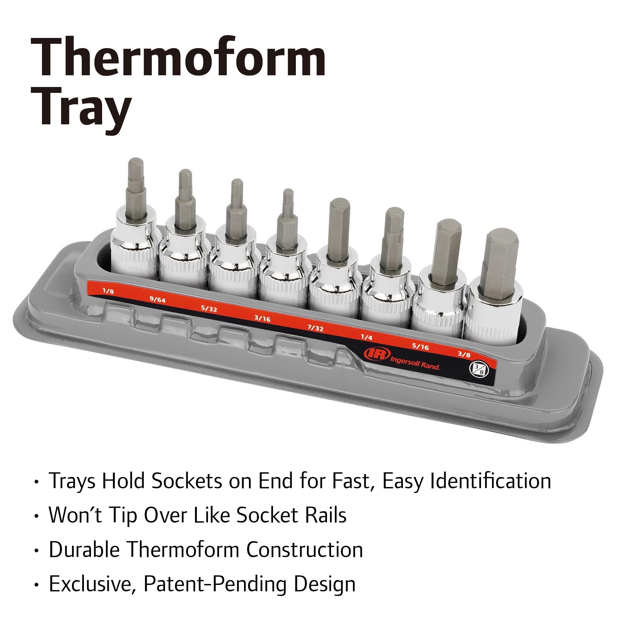 Ingersoll Rand 8-Piece SAE Hex Bit Socket Set 3/8 in. Drive – Sizes 1/8" to 3/8", Industrial-Grade S2 Steel, Mirror-Polished Chrome Vanadium Sockets, Thermoform Tray – 752028