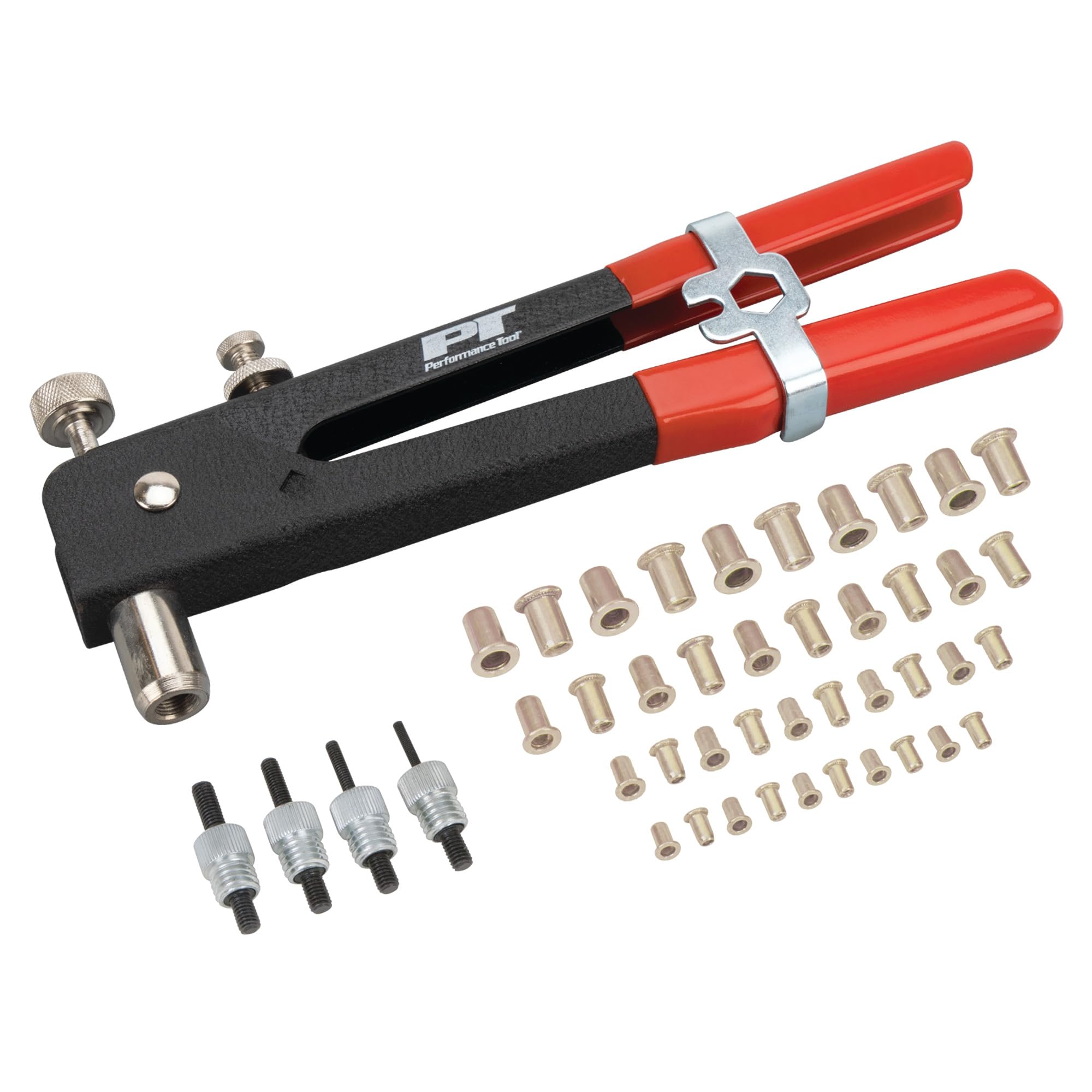 W2006 Performance Tool SAE Rivet Nut Kit Set, Riveter Tool, Rivet Nut Gun, Thread Hand Riveter, Rivet Gun, Riveting Tools with 45pc, Metric Rivet Nuts Included -/32, 8-32, 10-24, 1/4-20