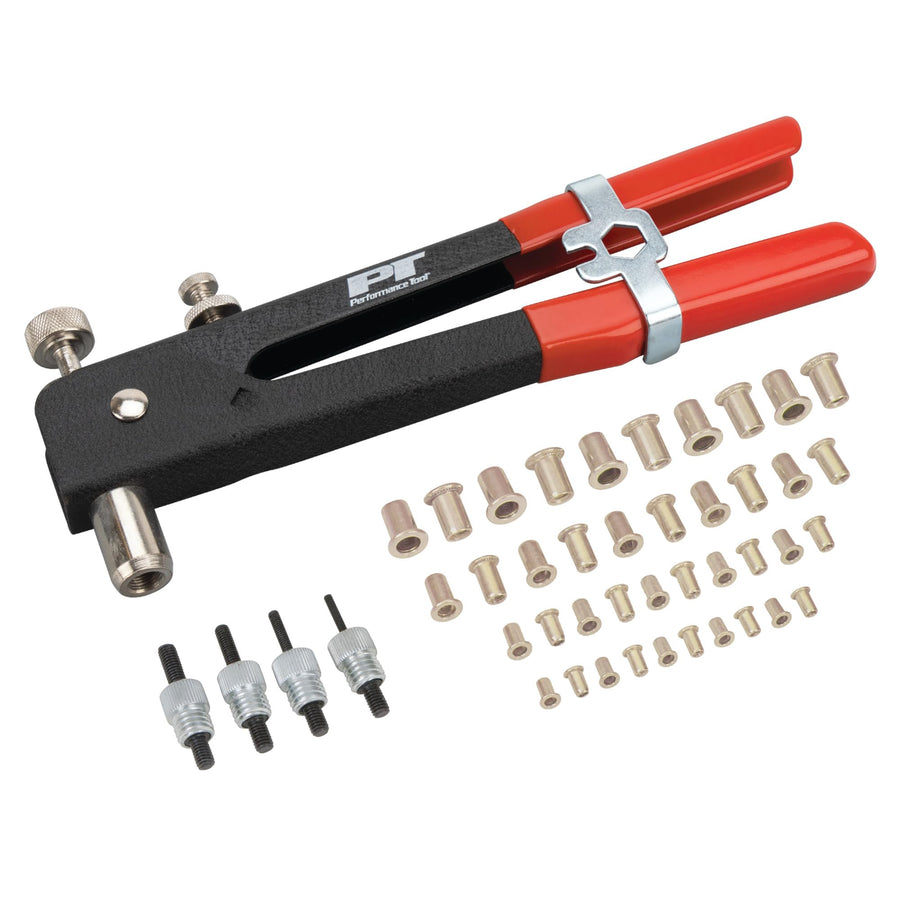 W2006 Performance Tool SAE Rivet Nut Kit Set, Riveter Tool, Rivet Nut Gun, Thread Hand Riveter, Rivet Gun, Riveting Tools with 45pc, Metric Rivet Nuts Included -/32, 8-32, 10-24, 1/4-20
