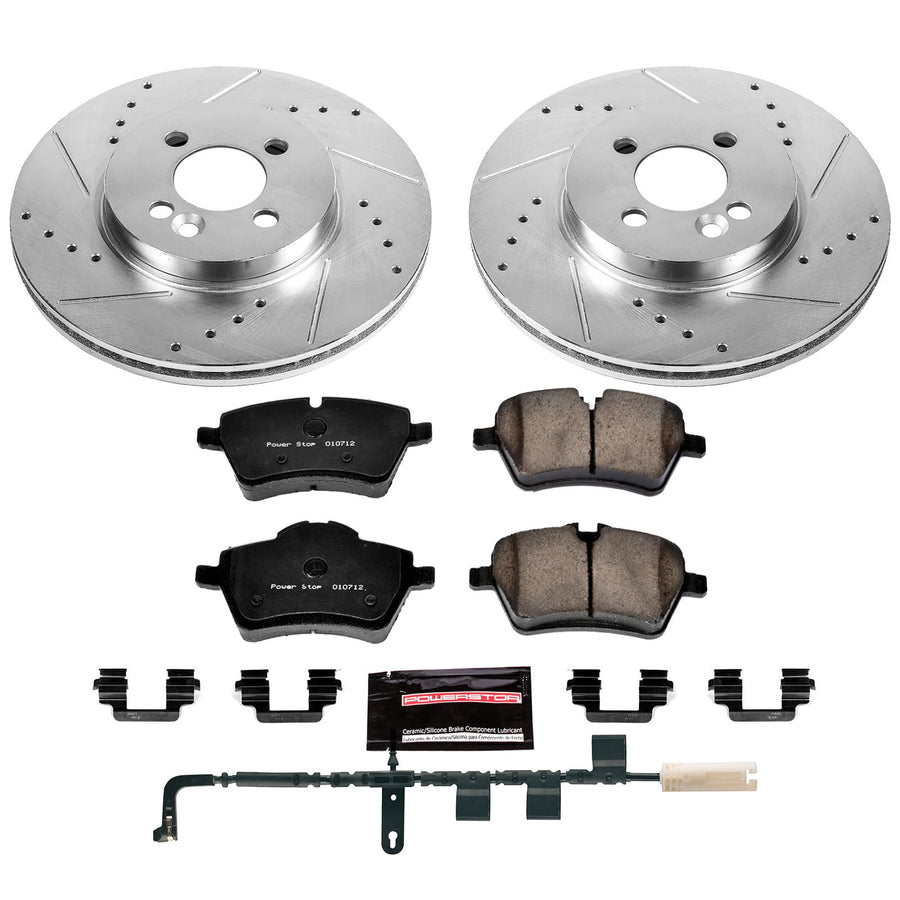 Power Stop K6068 Z23 Carbon Fiber Brake Pads Front with Drilled & Slotted Brake Rotors Kit and 1 Front Sensor Wire For Mini Cooper 2007-2010 [Model Specific]