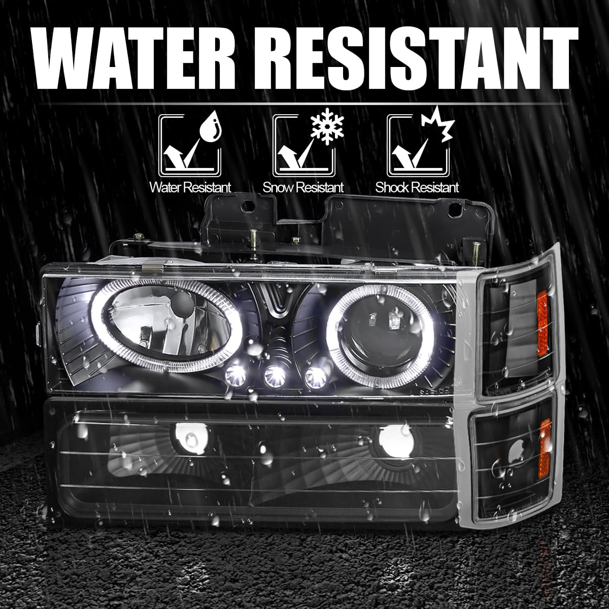 Black LED Halo Projector Headlights + Bumper Lights + Corner SPEC-D TUNING Compatible with 1994-1998 Chevy C10 C/K 1500/2500/3500, Tahoe Suburban Left + Right Pair Headlamps Assembly