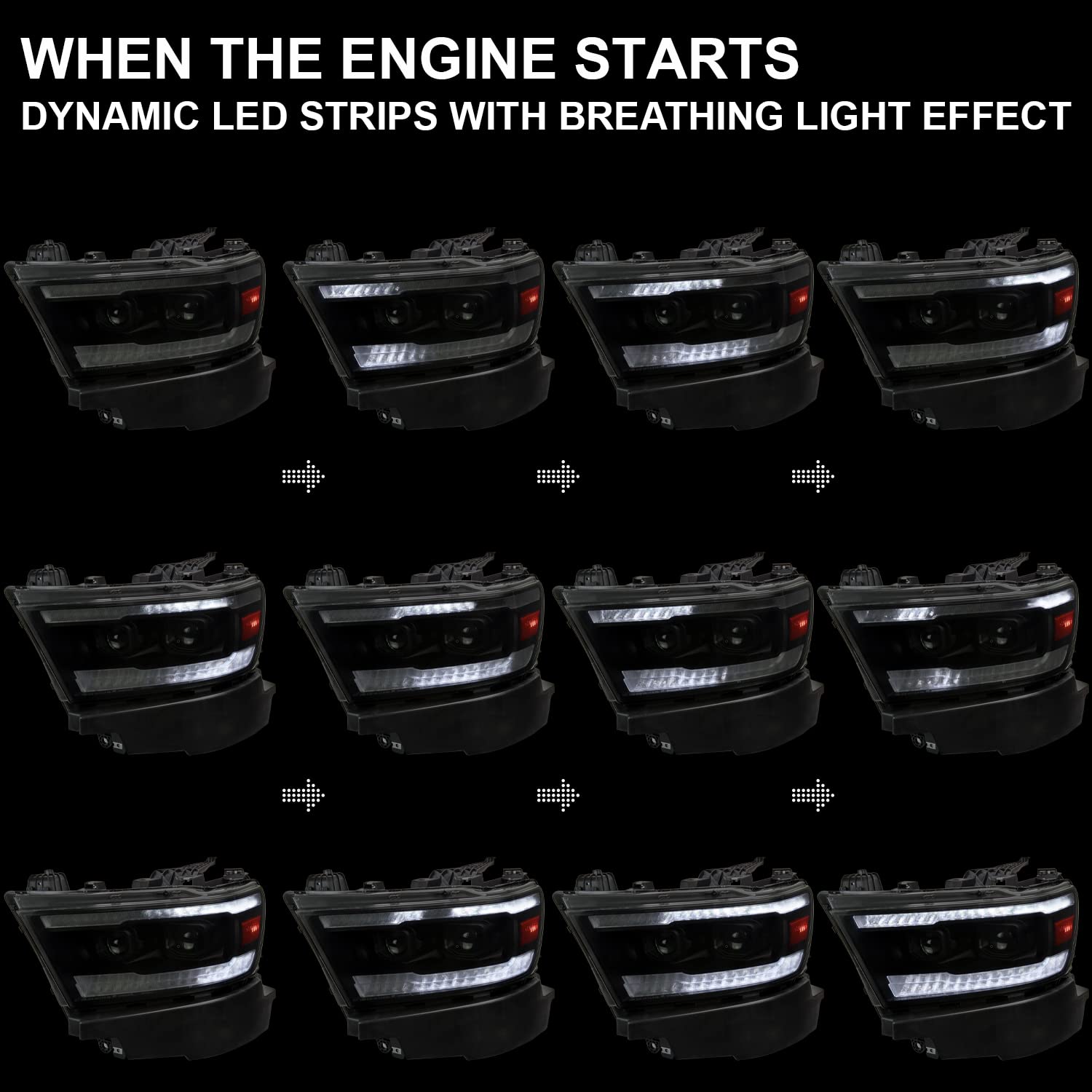 Black Smoke SPEC-D TUNING Projector Headlights w/Sequential LED Tube Signal and Startup Animation Compatible with 2019-2024 Ram 1500, Left + Right Pair Headlamps Assembly