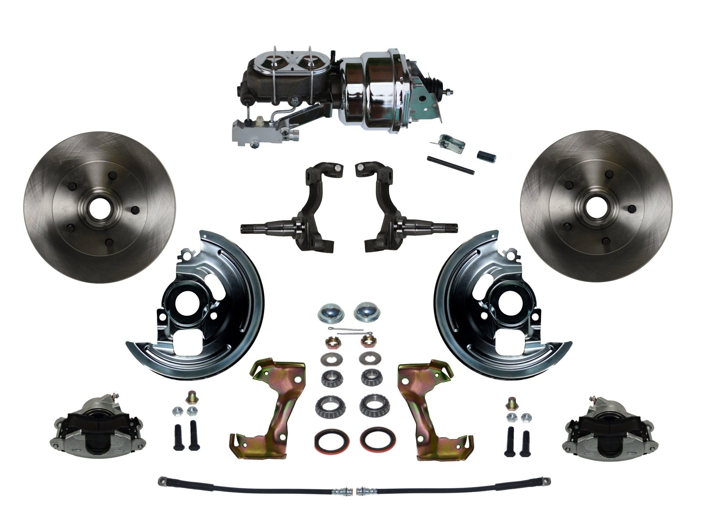 Power Disc Brake Conversion Kit LEED BRAKES With 7" Dual Chrome Booster Cast Iron Chrome Top M/C Disc/Disc Side Mount