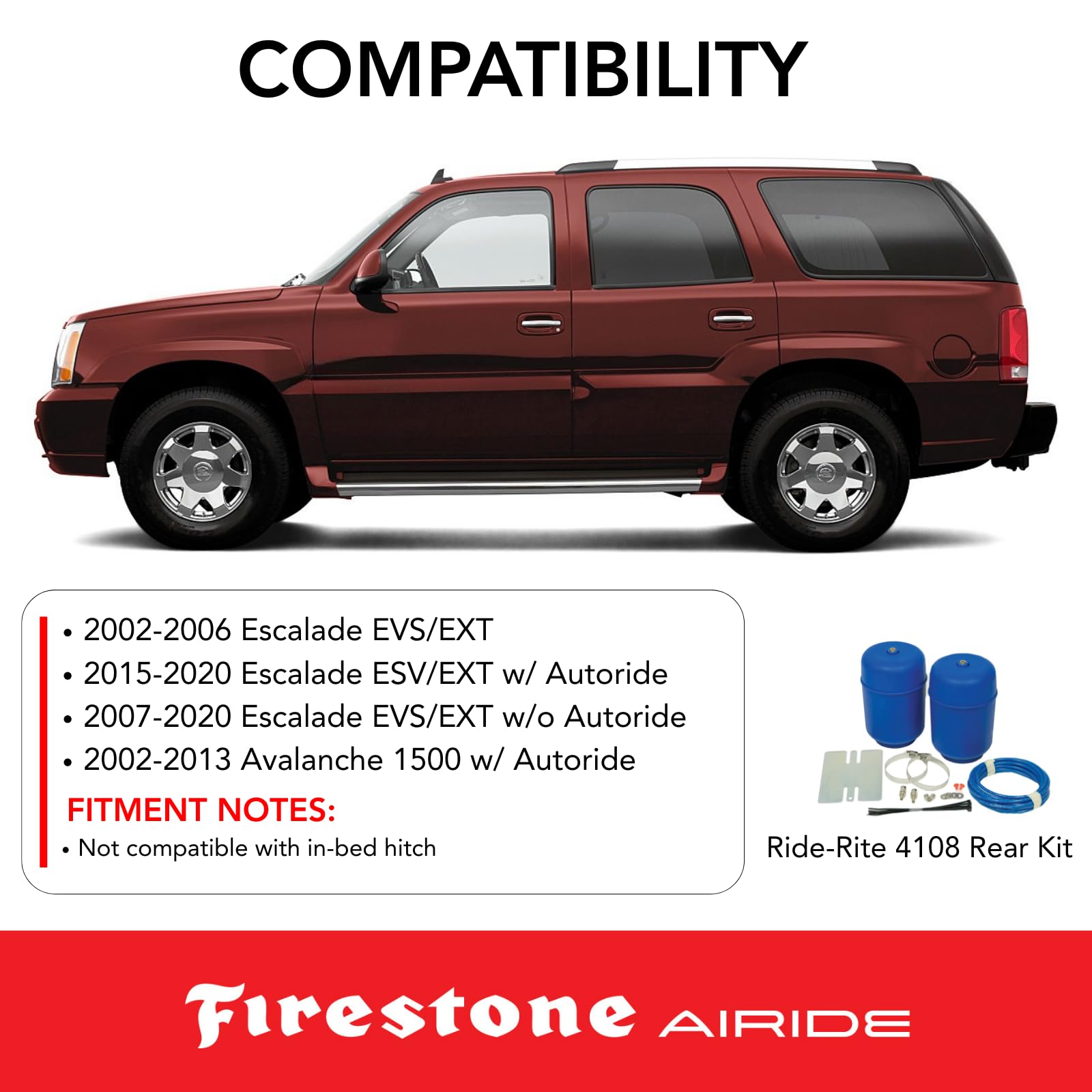 Firestone 4108 Airide Coil-Rite Rear Air Spring Kit for 2002-2006 Escalade ESV/EXT | Load Capacity of 1,000 Pounds | 5-25 PSI | No Drill Installation | Made of Durable Elastic Polyurethane