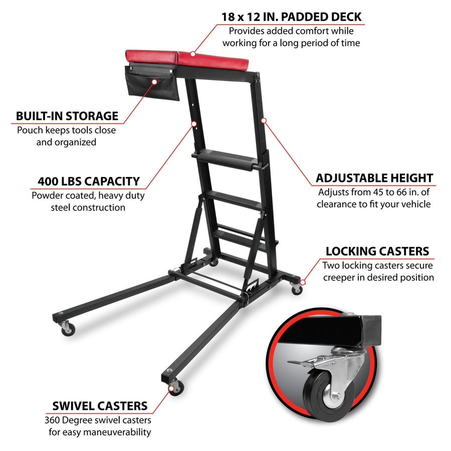 High Top Performance Tool W85038 Adjustable Creeper to Work On Vehicles, Black/Red, 45-66-inch Height