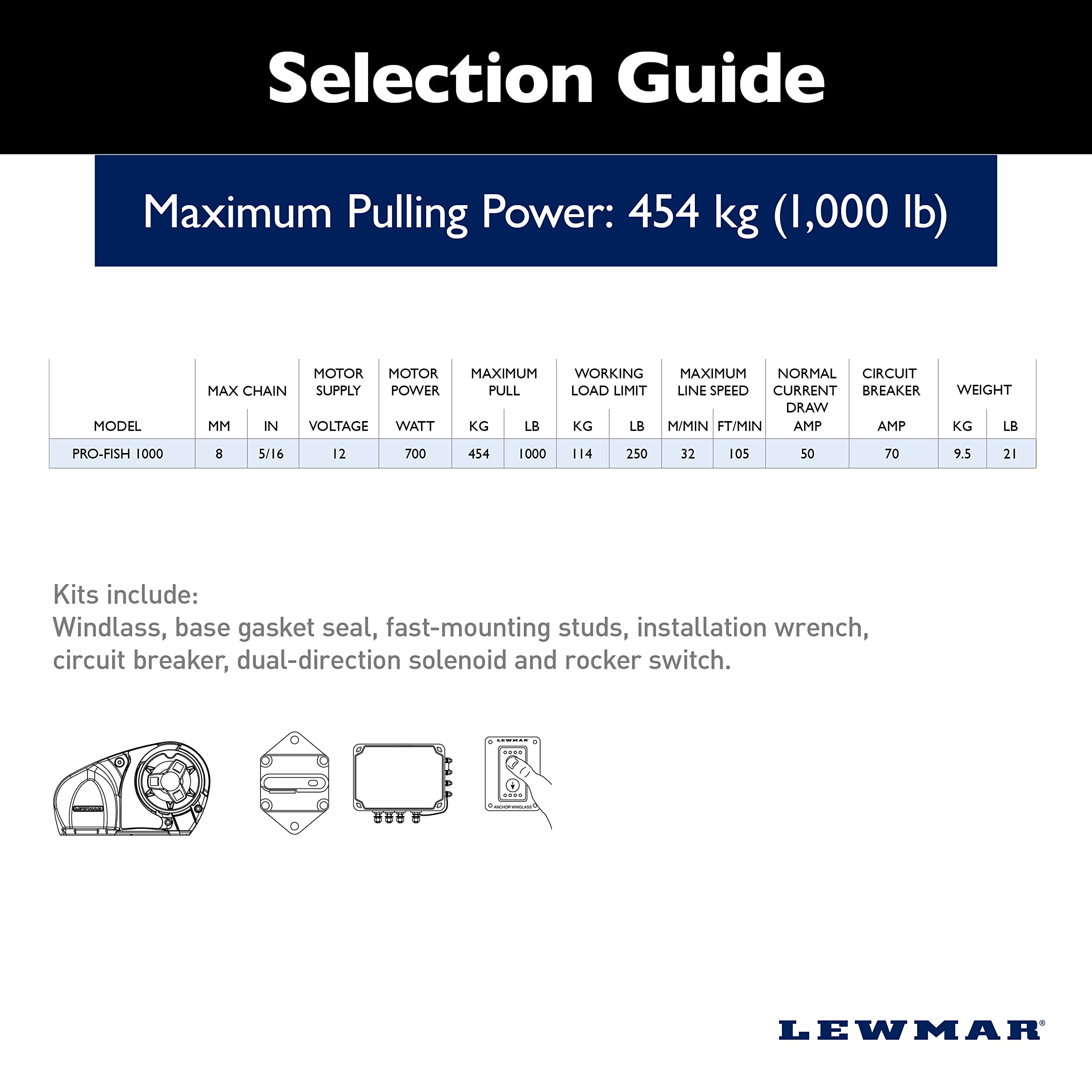 Lewmar Pro-Series 12V Gypsy with 316 Stainless Steel for Boats 20'-38' with 5/16" G4 Chain, Max Pull 1,000 lbs. - 2020201170