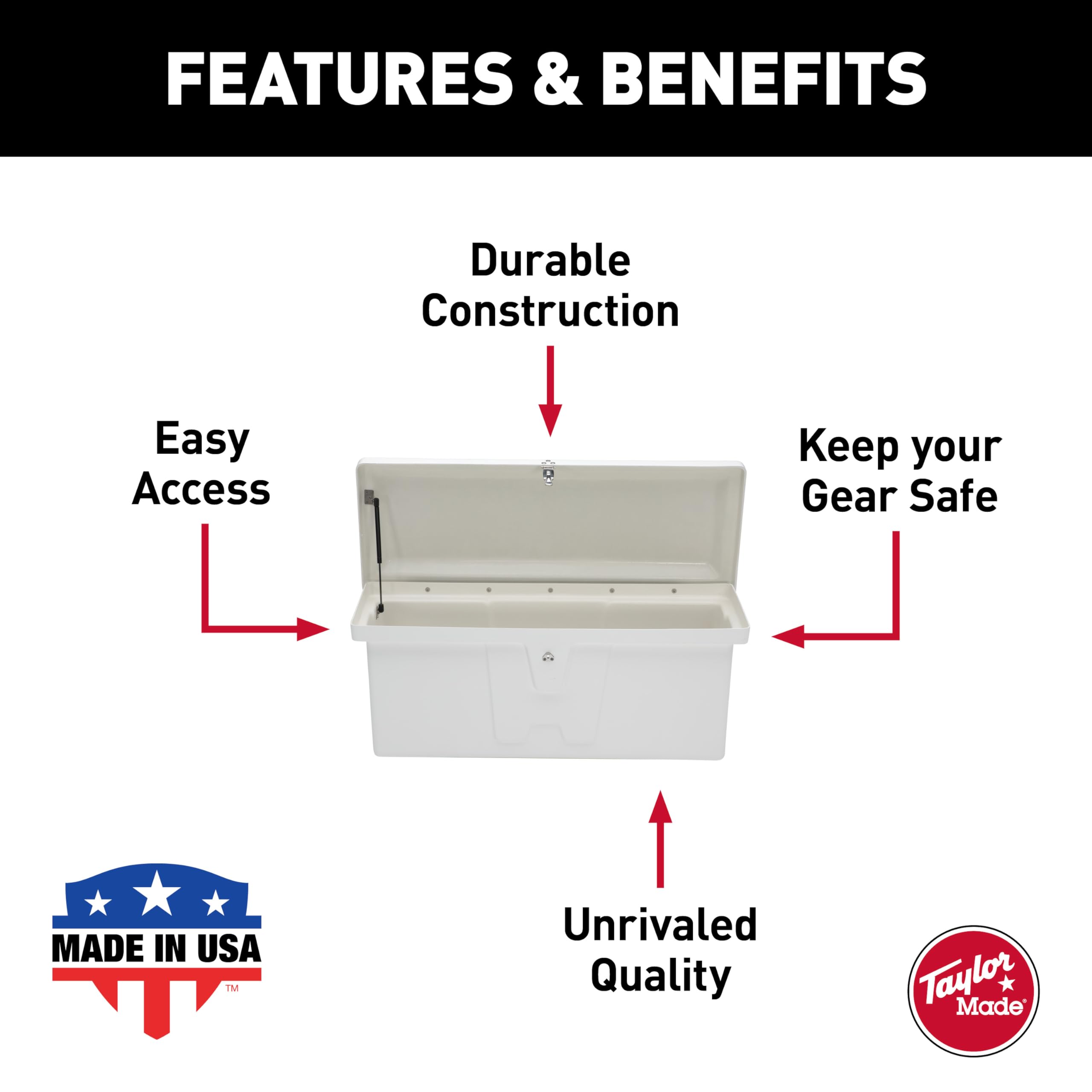 Stow 'N Go TAYLOR MADE PRODUCTS Low-Profile Fiberglass Dock Box, White (18" H x 48" W x 20" D) – Fiberglass construction, UV gelcoat finish, stainless steel lockable latch and hardware – 2020108647
