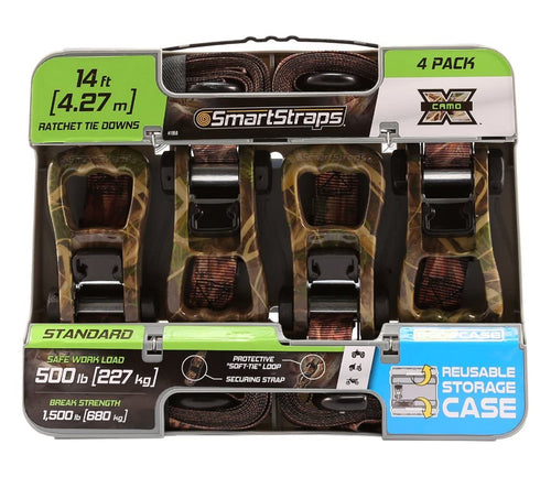 14’ SmartStraps Camo X Ratchet Straps, 4 Pack — Standard Duty Camo Ratchet Straps, 1,500lb Break Strength, 500lb Safe Work Load — Haul Dirt Bikes, ATVs, and Lawn Tractors with Patented Technology