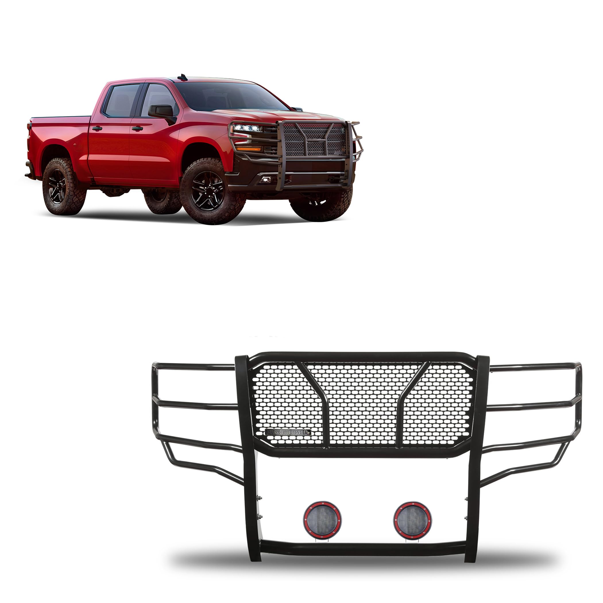 Heavy Duty Black Horse Rugged Grille Brush Bumper Guard Modular Black Come with Pair of 5.3" Dia.LED Lights with Red Trim Rings Compatible with 2019-2024 Chevrolet Silverado 1500-RU-CHSI19-B-PLFR