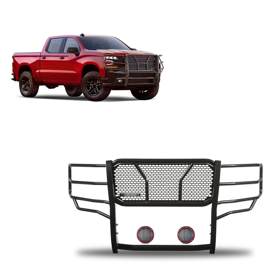 Heavy Duty Black Horse Rugged Grille Brush Bumper Guard Modular Black Come with Pair of 5.3" Dia.LED Lights with Red Trim Rings Compatible with 2019-2024 Chevrolet Silverado 1500-RU-CHSI19-B-PLFR
