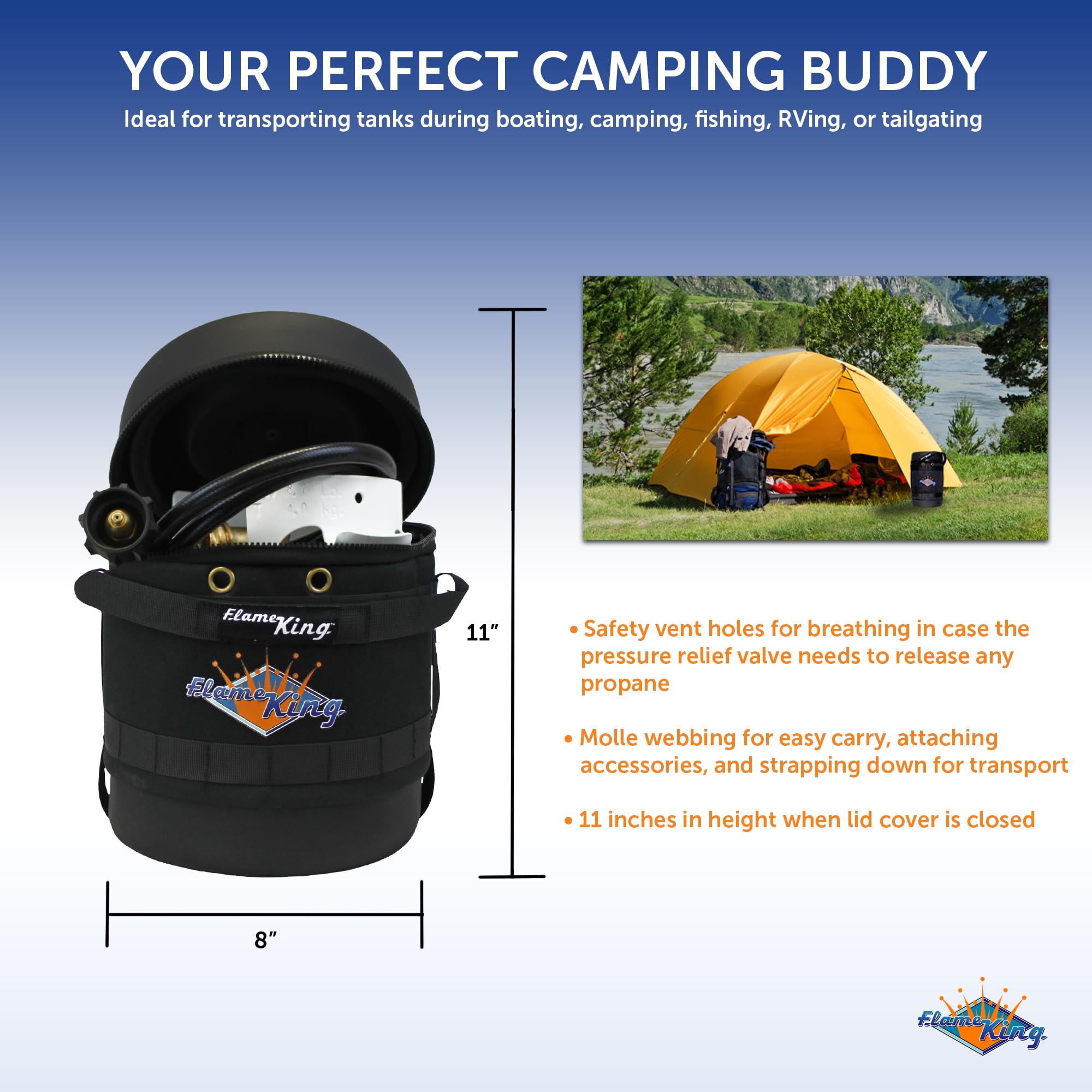 Gas Hauler Kit Flame King - Insulated Protective Carry Case, 3LB Propane Tank and Adapter Hose for Camping and Outdoor Adventures, Black/White